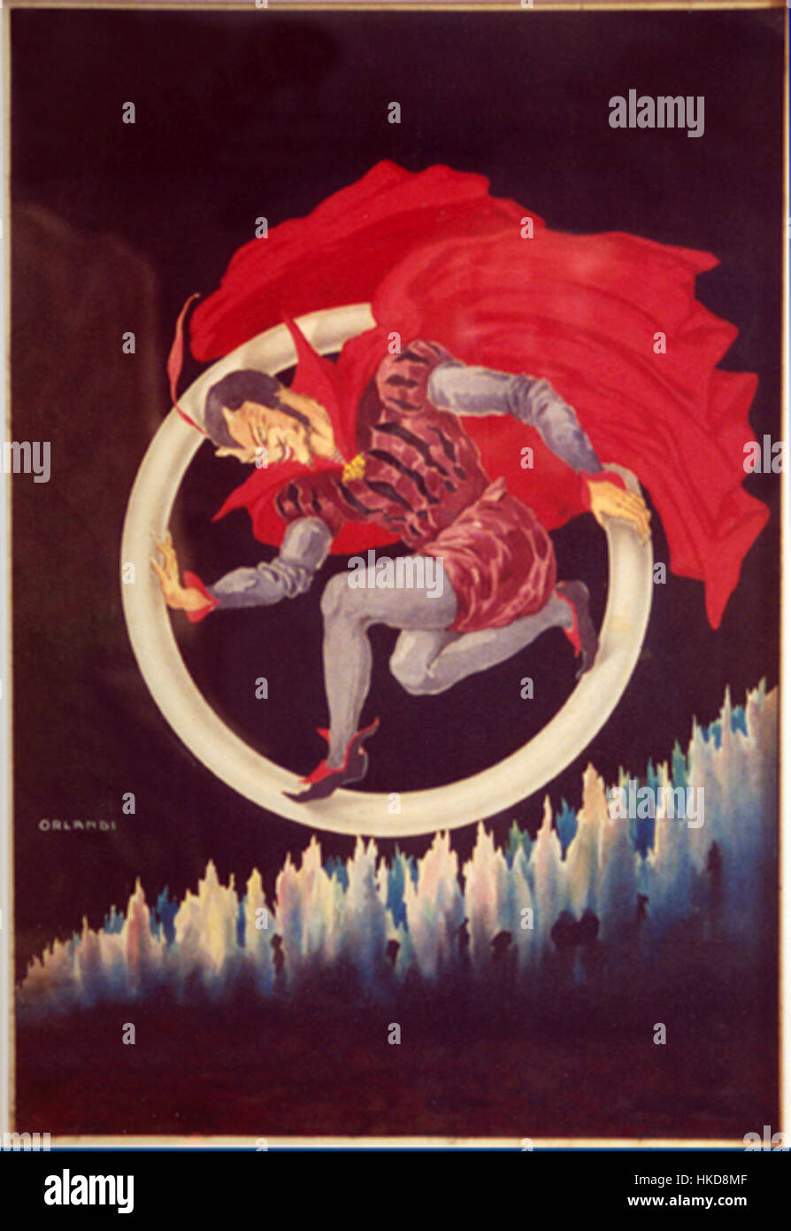 „Orlandi Diavolo“ ist ein Kunstwerk mit einer dramatischen Darstellung des Teufels, das Themen der Versuchung und Bestrafung mit komplizierten Details und historischer Tiefe erforscht. Stockfoto