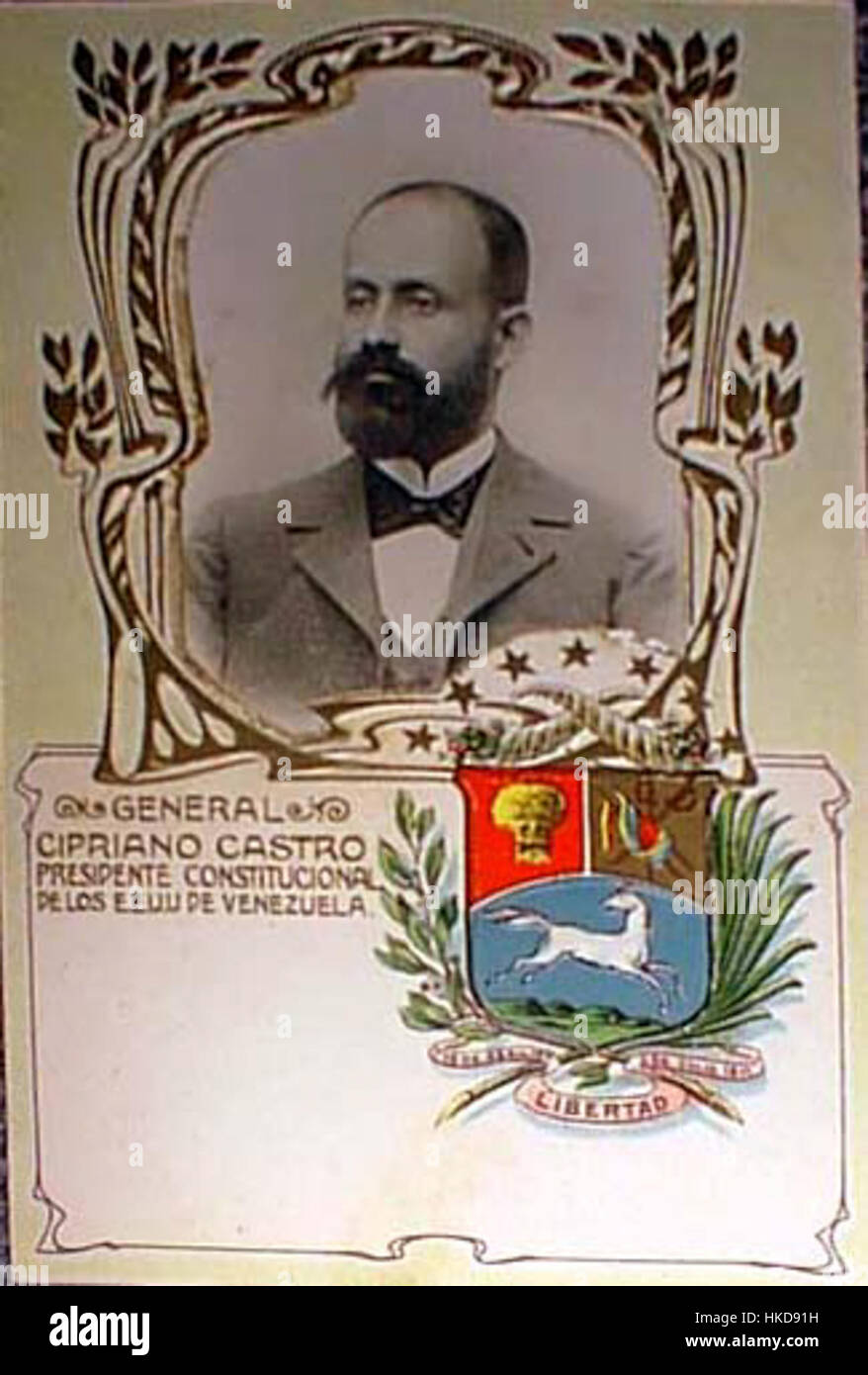 Dieses historische Postbild zeigt Cipriano Castro, den ehemaligen Präsidenten Venezuelas. Das Bild diente wahrscheinlich als eine frühe Form politischer Propaganda, die Castro während seiner Amtszeit im frühen 20. Jahrhundert nachahmte und seine politische Ära repräsentierte. Stockfoto