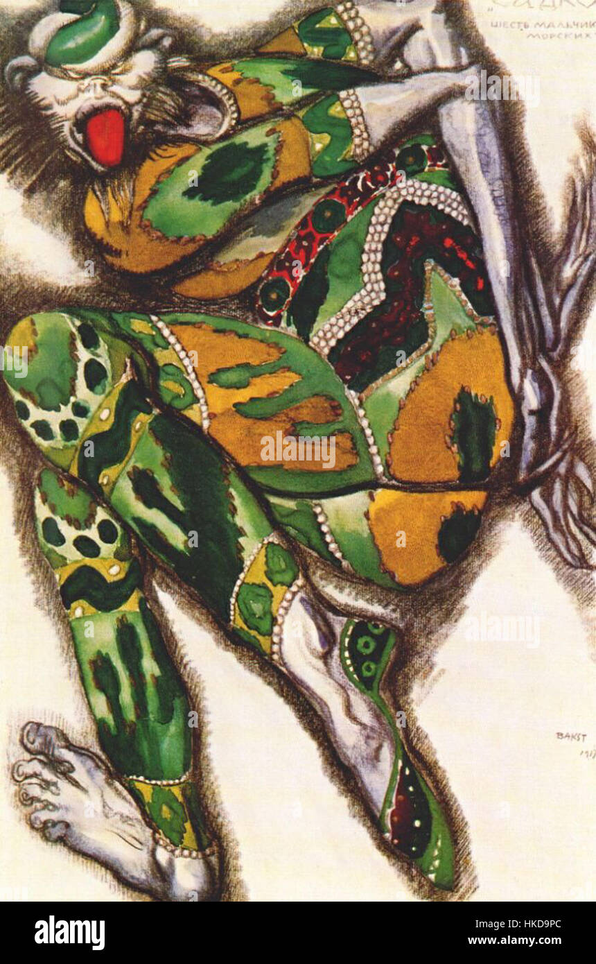Sadko, eine von L. Bakst entworfene Oper, zeigt ausgeklügelte Bühnen und Kostüme, die den kulturellen Reichtum der russischen Oper widerspiegeln. Die Inszenierung unterstreicht Baksts Kunstfertigkeit, visuelle Elemente mit musikalischer Performance zu kombinieren, um die dramatische Erzählung zu unterstreichen. Stockfoto
