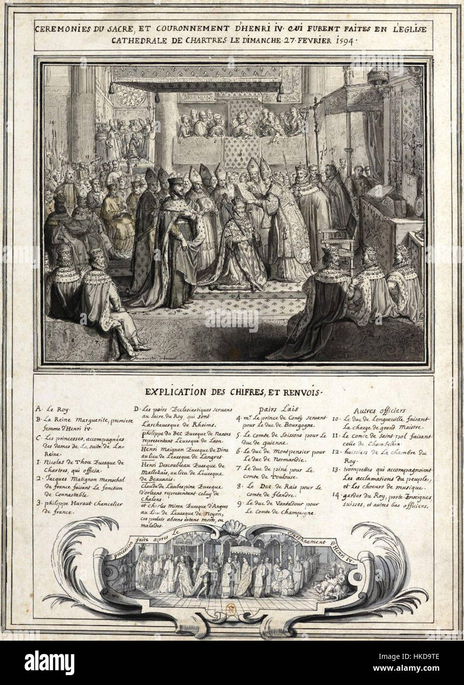 Sacre de Henri IV. Ist ein historisches Gemälde, das die Krönung von König Heinrich IV. Von Frankreich in Chartres darstellt. Das Kunstwerk fängt die Pracht der königlichen Zeremonie ein und unterstreicht die Bedeutung des Ereignisses mit detaillierten Darstellungen der königlichen Familie, des Klerus und der Höflinge. Stockfoto