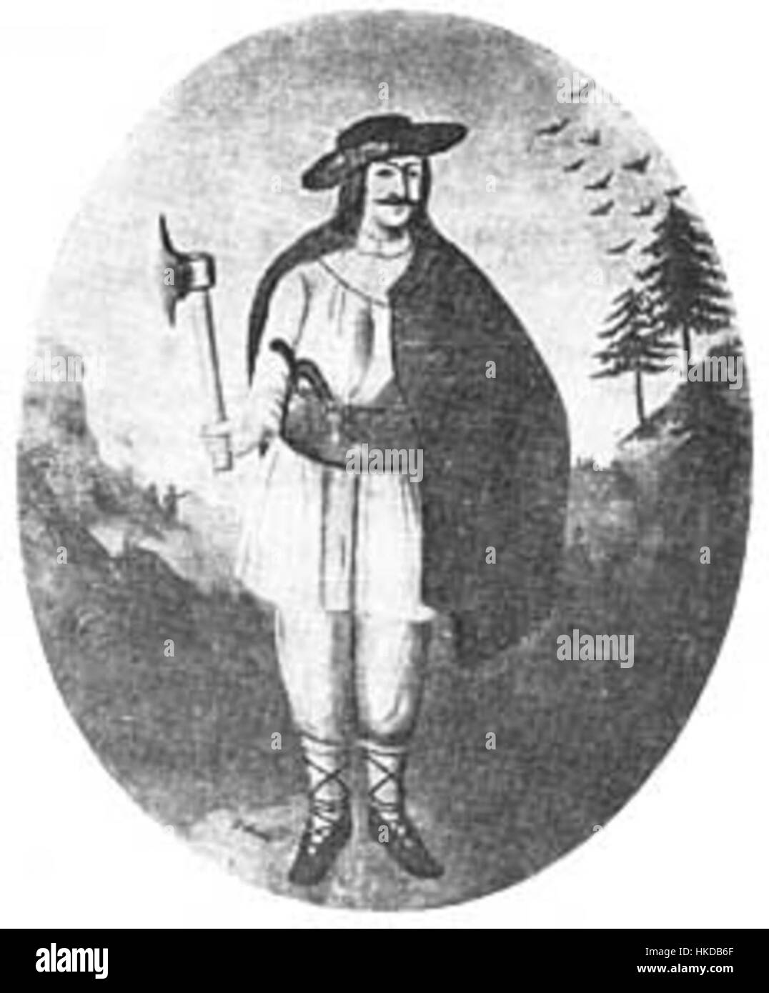 Das Gemälde „Dovbush1700“ ist ein historisches Kunstwerk, das Szenen aus dem Leben von Oleksa Dovbush, einem ukrainischen Gesetzlosen und Volkshelden aus dem 18. Jahrhundert, darstellt. Dieses Stück spiegelt die kulturelle und historische Bedeutung von Dovbushs Zeit wider. Stockfoto