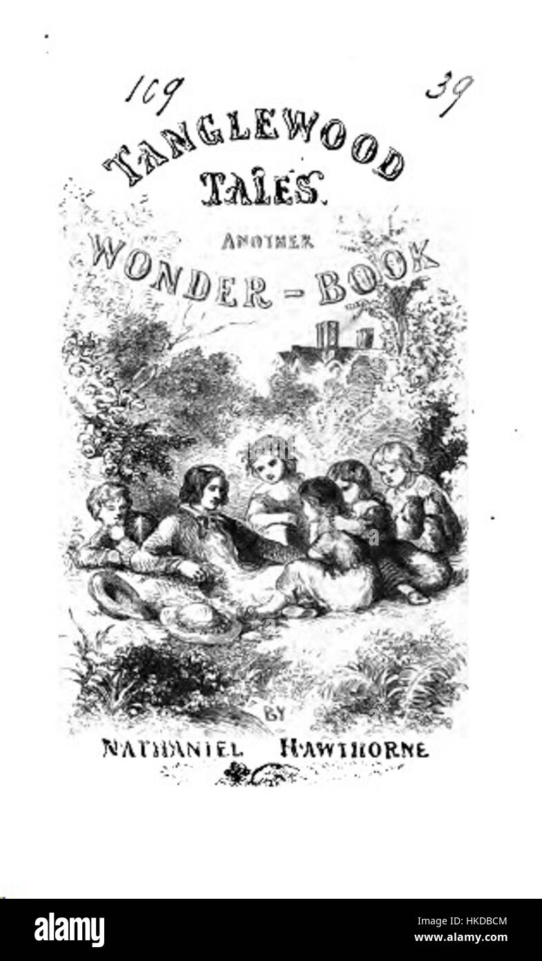 Das Cover für „Tanglewood Tales“ zeigt eine lebendige Illustration, die das Wesen der griechischen Mythologie festlegt. Das Design verbindet klassische Themen mit fantasievoller Interpretation und zeigt die Geschichten alter mythologischer Helden auf visuell dynamische und farbenfrohe Weise. Stockfoto