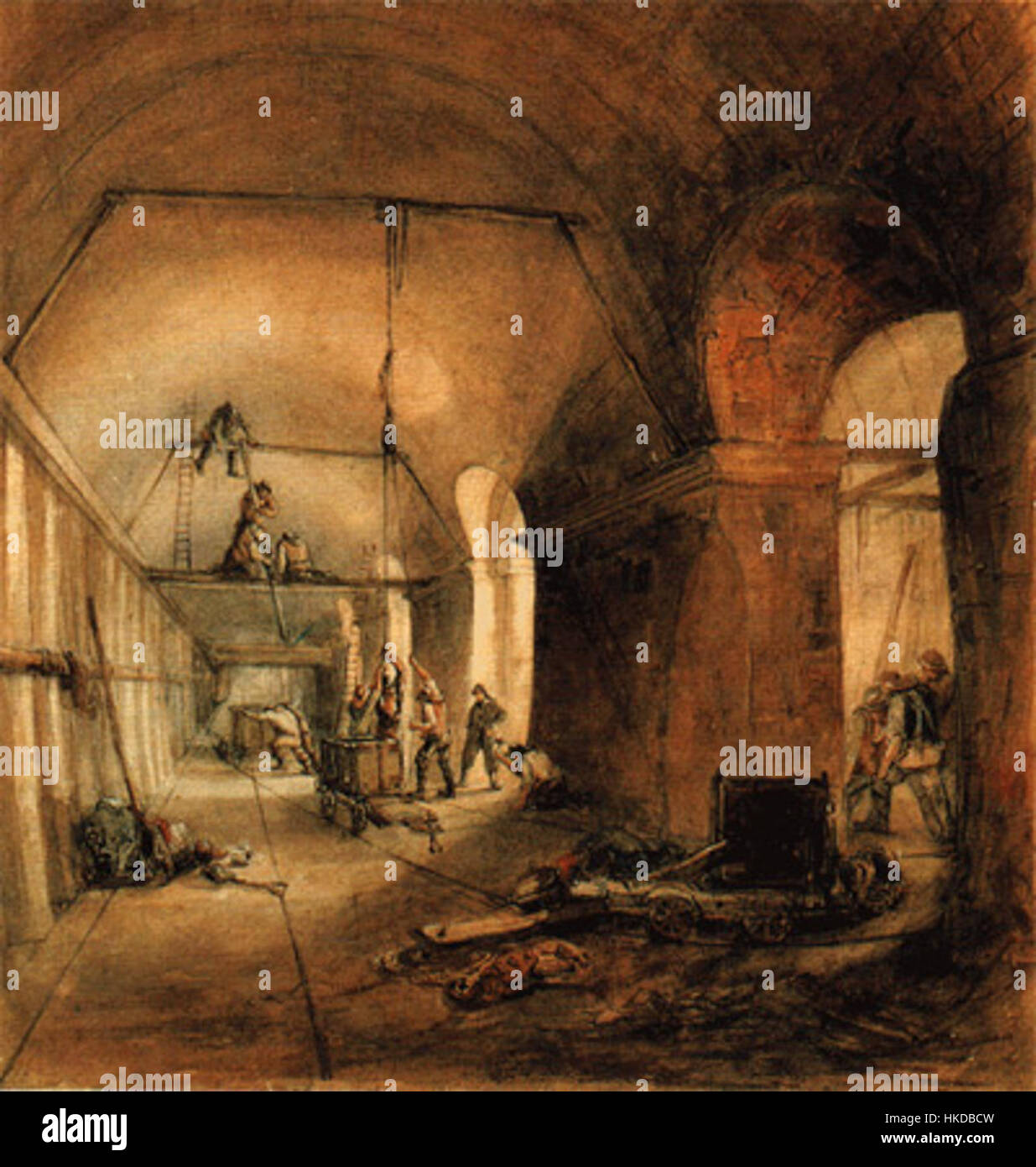 Dieses Gemälde aus dem Jahr 1830 zeigt den Bau des Themsentunnels, eines der ersten Unterwassertunnel der Welt. Das Kunstwerk zeigt Arbeiter in einer anspruchsvollen Umgebung und spiegelt den monumentalen technischen Aufwand wider, der für dieses Projekt aus der viktorianischen Ära erforderlich ist. Stockfoto