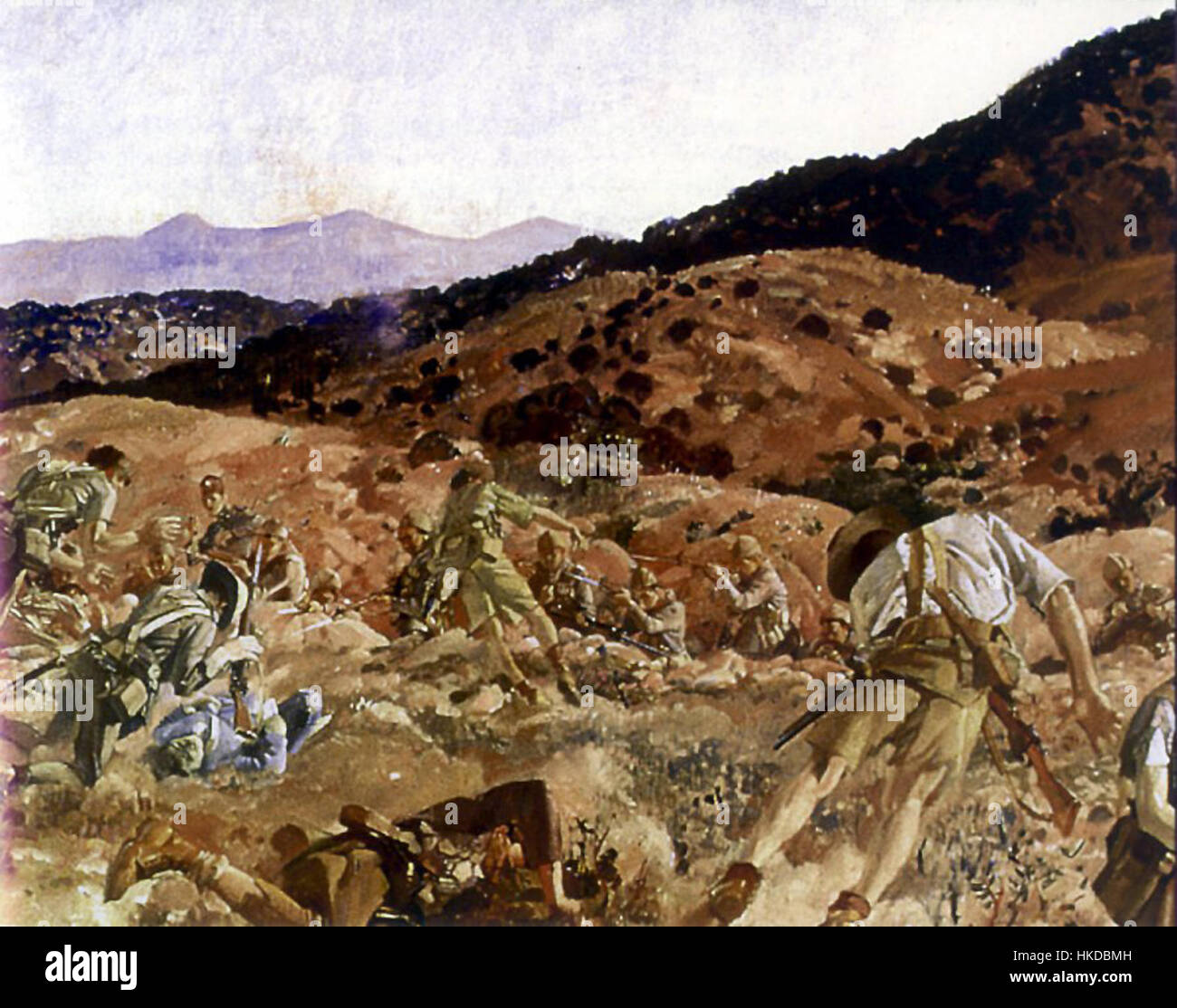 Dieses Gemälde zeigt den Angriff der 3. Brigade des leichten Pferdes in der Schlacht am Nek am 7. August 1915 während des Ersten Weltkriegs. Das Kunstwerk fängt die Tapferkeit und das Opfer der Soldaten in diesem entscheidenden Moment des Gallipoli-Feldzugs ein. Stockfoto