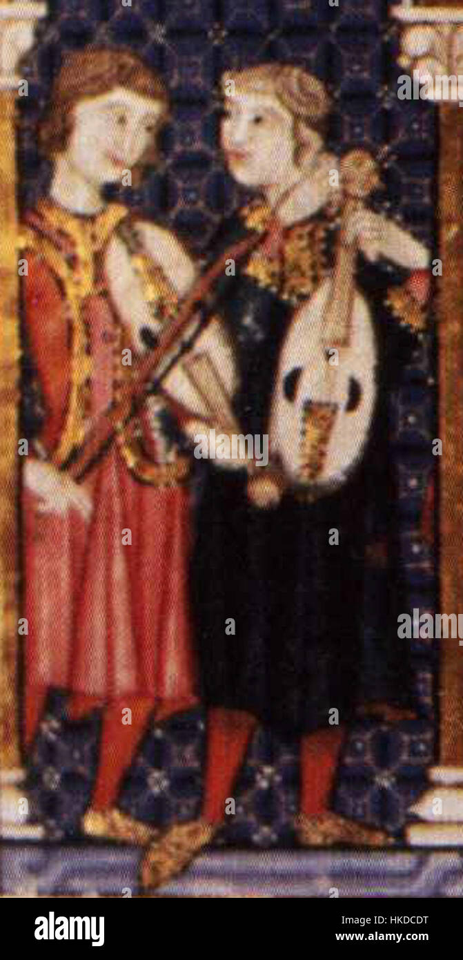 Dieses Bild zeigt die „Vihuela de arco“, ein Streichinstrument aus den Cantigas von Alfonso X. dem Weisen, das die mittelalterliche Musikgeschichte und die Musikinstrumente dieser Zeit repräsentiert. Stockfoto