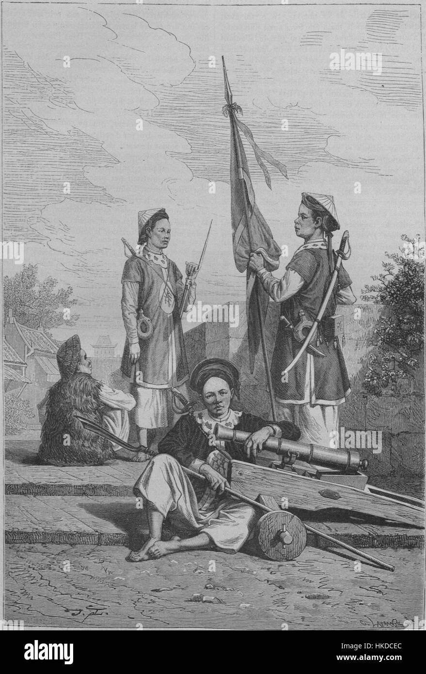 Das Gemälde zeigt die vietnamesischen Tirrailleure, Soldaten aus der Nguyen-Dynastie. Diese Truppen waren Teil der französischen Kolonialarmee und repräsentierten eine Schlüsselperiode in der Militärgeschichte Vietnams während der französischen Indochina. Stockfoto