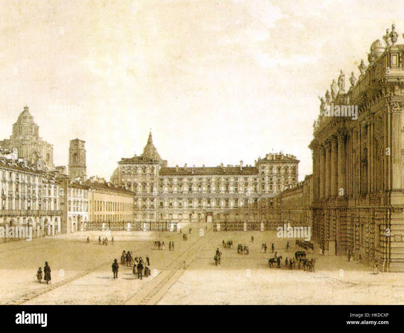 Dieser Druck aus dem 19. Jahrhundert zeigt die Piazza Castello in Turin, Italien. Die detaillierte Gravur bietet einen historischen Schnappschuss des Platzes, der seine architektonischen Merkmale und das umliegende Stadtbild der 1800er Jahre zeigt Stockfoto