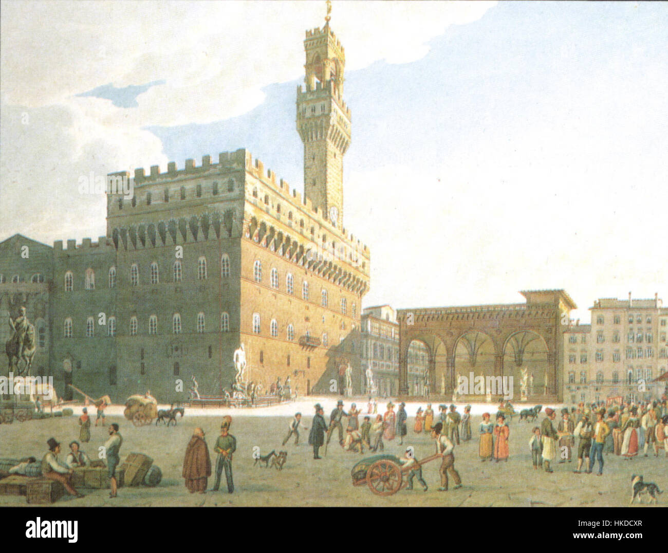Dieser Druck der Piazza della Signoria aus dem 19. Jahrhundert in Florenz fängt die Pracht eines der berühmtesten Plätze Italiens ein und spiegelt die architektonische Schönheit und öffentliche Bedeutung der Gegend in den 1800er Jahren wider Stockfoto
