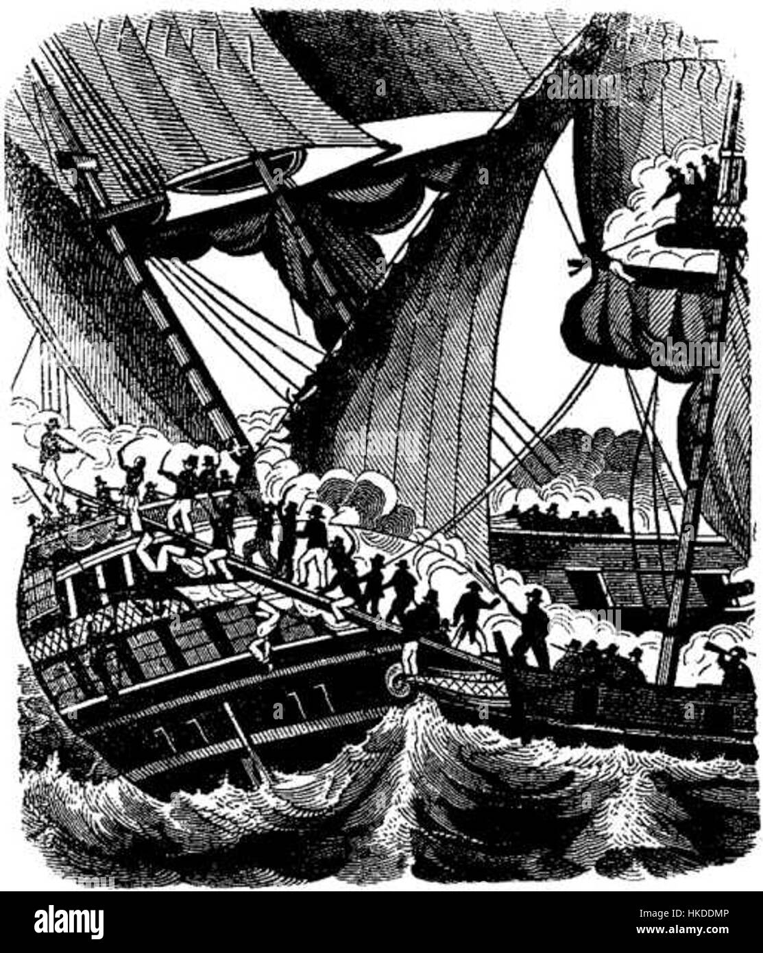 Das Gemälde „Abordage“ zeigt eine Seeschlacht, die sich speziell auf eine Boarding-Aktion zwischen Schiffen konzentriert. Es erfasst die heftigen und intensiven Kampfhandlungen, die typisch für die Seekriegsführung im 17. Und 18. Jahrhundert sind. Stockfoto