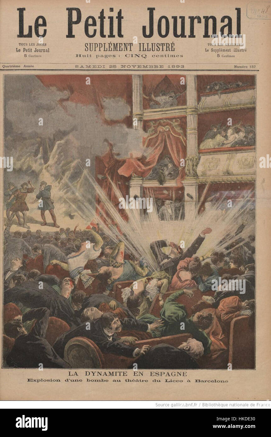 1893 explodierte in Barcelona, Spanien, eine anarchistische Bombe während einer Zeit intensiver politischer Unruhen. Der Bombenanschlag war Teil einer größeren Bewegung gegen die spanische Monarchie und die spanischen Behörden im späten 19. Jahrhundert. Stockfoto