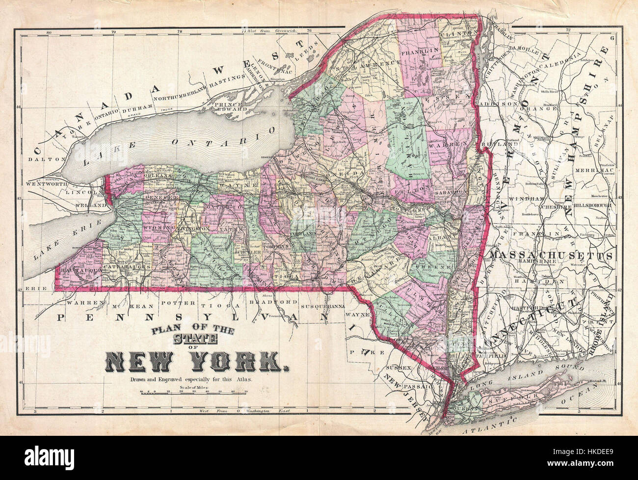 Die 1873 Beers Map of New York State bietet eine detaillierte geografische Darstellung des Bundesstaates Ende des 19. Jahrhunderts. Sie hebt die wichtigsten Standorte, die Topografie und wichtige für den Zeitraum relevante Merkmale hervor. Stockfoto
