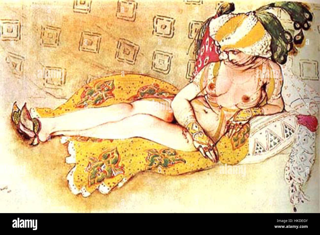 Dieses Kunstwerk mit dem Titel „Bakst12“ wird wahrscheinlich mit dem russischen Künstler Léon Bakst in Verbindung gebracht. Baksts Arbeiten in Bühnendesign und Kostümdesign zeichnen sich oft durch lebhafte Farben und theatralische Themen aus. Stockfoto