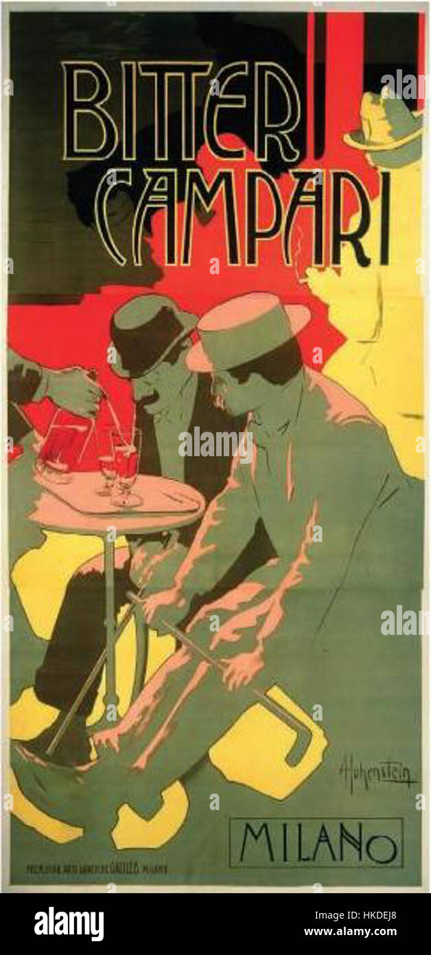 Das von Hohenstain entworfene „BitterCampari“-Label zeigt eine Vintage-Werbung für den beliebten italienischen Aperitif. Das Design ist auffällig, mit starker Typografie und lebhaften Farben, um die Besonderheit und Attraktivität des Getränks zu wecken. Stockfoto Das von Hohenstain entworfene „BitterCampari“-Label zeigt eine Vintage-Werbung für den beliebten italienischen Aperitif. Das Design ist auffällig, mit starker Typografie und lebhaften Farben, um die Besonderheit und Attraktivität des Getränks zu wecken. Stockfoto