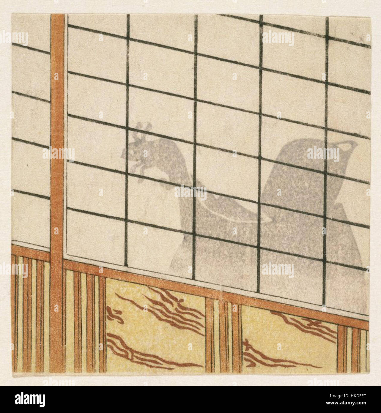 Dieses Gemälde mit dem Titel „Shadow of man on Shoji“ von E. Goyomi erforscht Themen der menschlichen Präsenz und Abwesenheit und verwendet Schatten, um die vergängliche Natur des Lebens zu symbolisieren. Das Stück reflektiert einen minimalistischen Kunstansatz und fängt die schlichte Schönheit alltäglicher Momente ein. Stockfoto