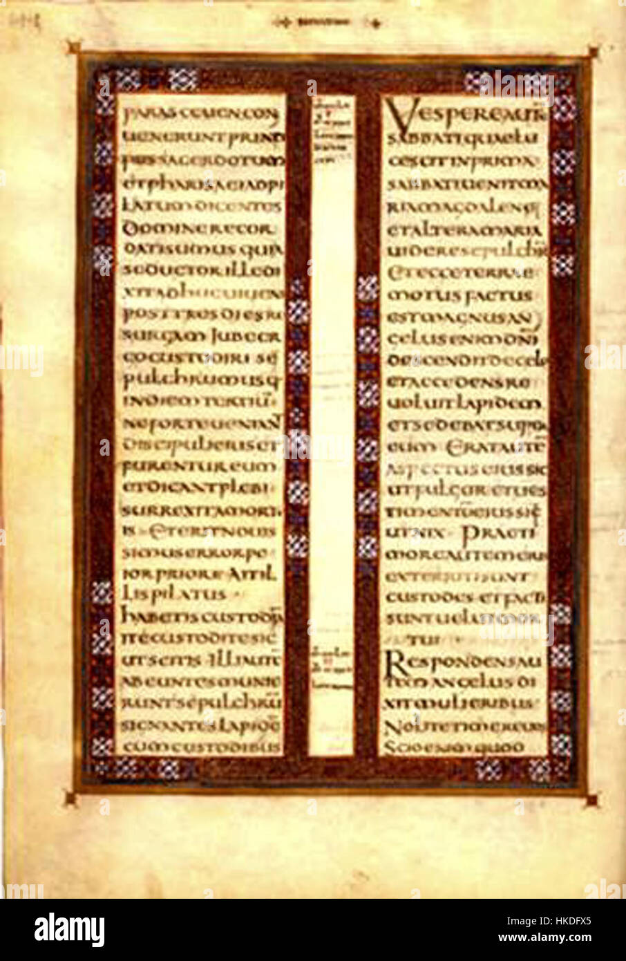 Diese beleuchtete Handschriftenseite aus dem Codexaureus Lorsch zeigt eine detaillierte religiöse Illustration aus dem 9. Jahrhundert, die christliche Themen in der mittelalterlichen Handschriftenkunst betont. Stockfoto Diese beleuchtete Handschriftenseite aus dem Codexaureus Lorsch zeigt eine detaillierte religiöse Illustration aus dem 9. Jahrhundert, die christliche Themen in der mittelalterlichen Handschriftenkunst betont. Stockfoto