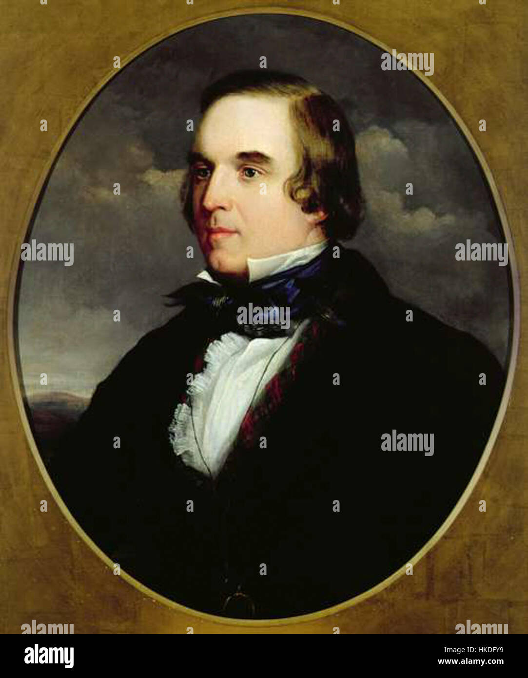 Das Kunstwerk, das George Linley zugeschrieben wird, weist eine klassische Komposition auf, die sich auf historische Figuren in einem dramatischen, narrativen Kontext konzentriert, der typisch für Linleys Malerei im 19. Jahrhundert ist. Stockfoto