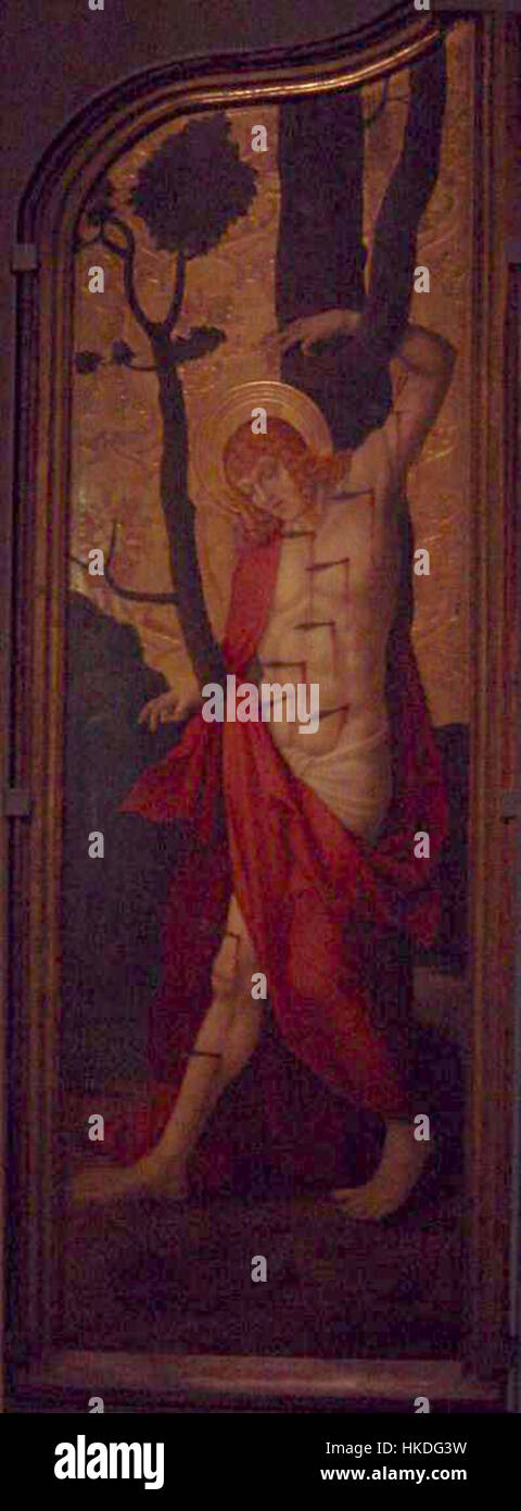 Das Gemälde „St. Sebastian“ aus dem Kloster St. Agnes von Böhmen zeigt den Märtyrer in der klassischen Ikonographie. Das Kunstwerk präsentiert ein bedeutendes religiöses Thema aus dem Mittelalter. Stockfoto