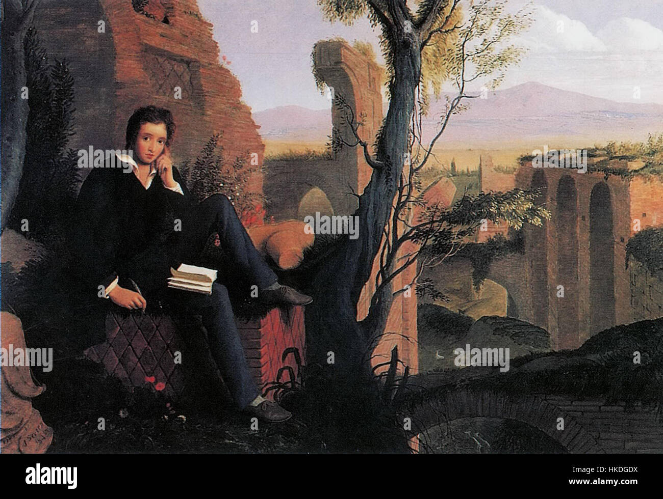 Joseph Severns posthume Porträt von Percy Bysshe Shelley, das 1845 gemalt wurde, zeigt den Dichter in einer ikonischen Szene literarischer Kreativität, indem er *Prometheus Unbound* schreibt. Dieses Werk fängt Shelleys intellektuellen und kreativen Geist ein und betont die romantischen ideale von Freiheit und Rebellion. Stockfoto