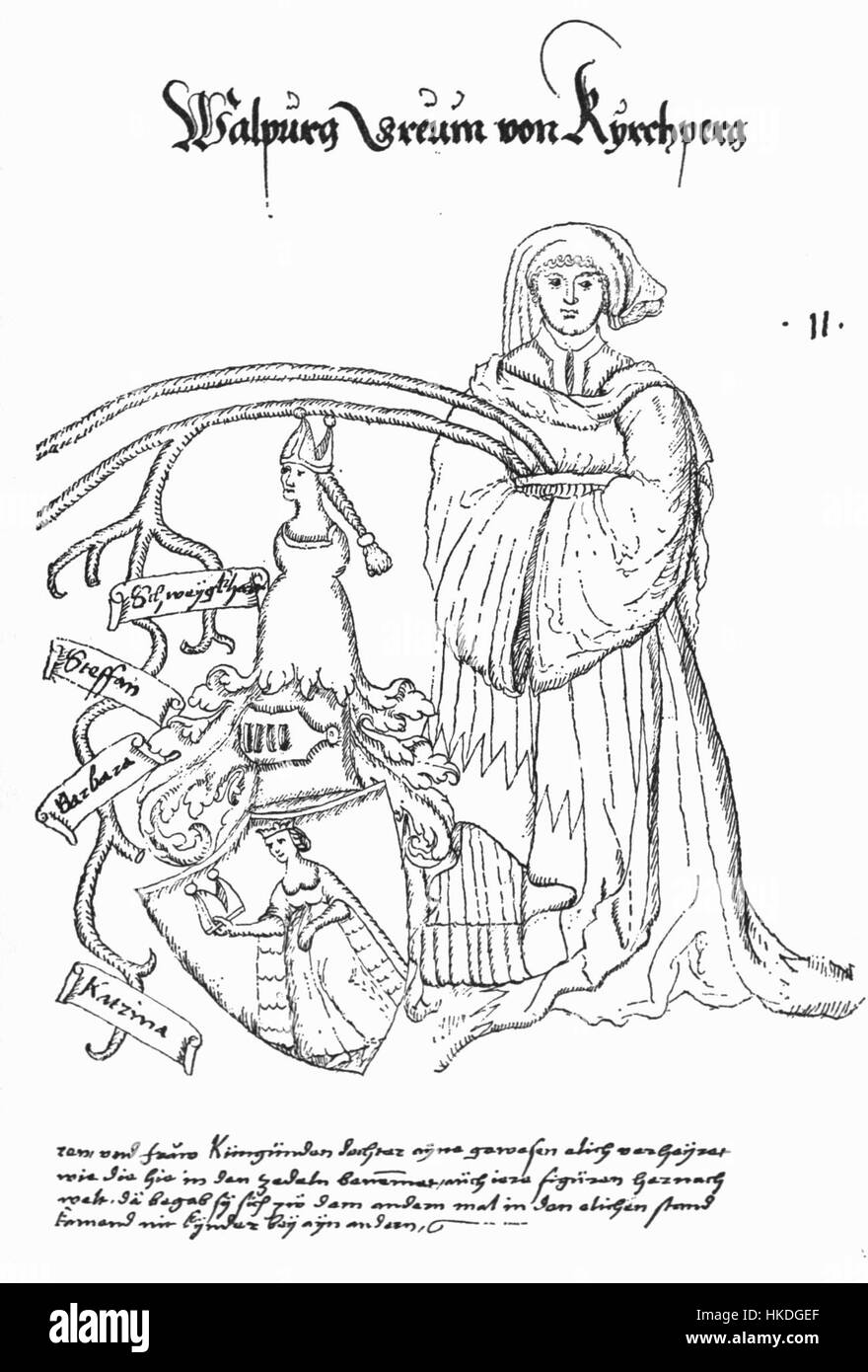 DH3 217Walpurga von Kirchberg ist ein Kunstwerk, das die edle Figur der Walpurga von Kirchberg darstellt. Das Stück zeigt die historische Darstellung dieser mittelalterlichen Figur, die durch komplexe Details und historischen Kontext festgehalten wird. Stockfoto