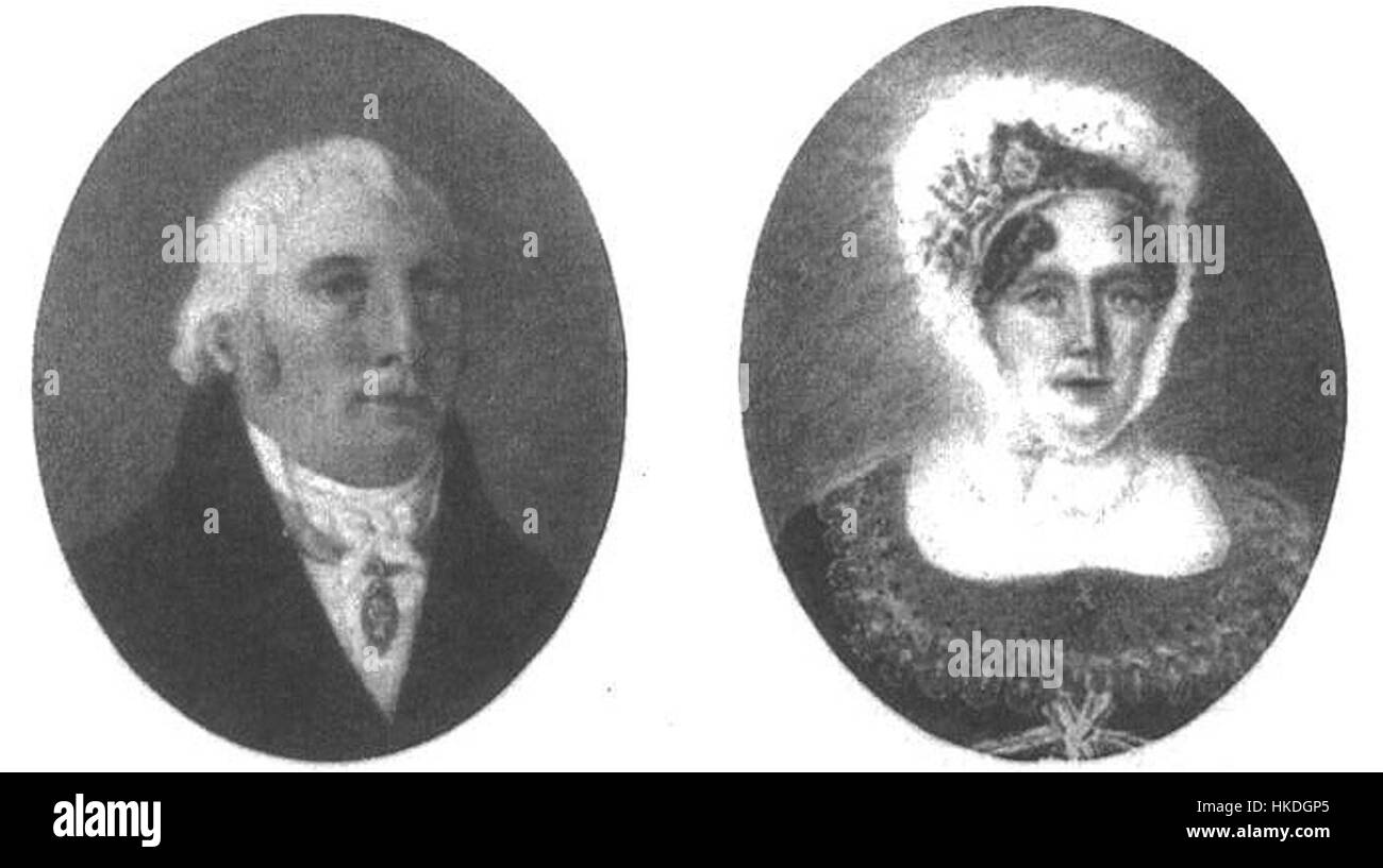 Ein Porträt von Lars und Anna Katarina Fresk aus dem Jahr 1812, das ihre Ähnlichkeit in detaillierter und formaler Weise festgehalten hat. Das Gemälde spiegelt schwedische Porträts aus dem 19. Jahrhundert wider und konzentriert sich auf persönliche Geschichte und künstlerische Technik. Stockfoto