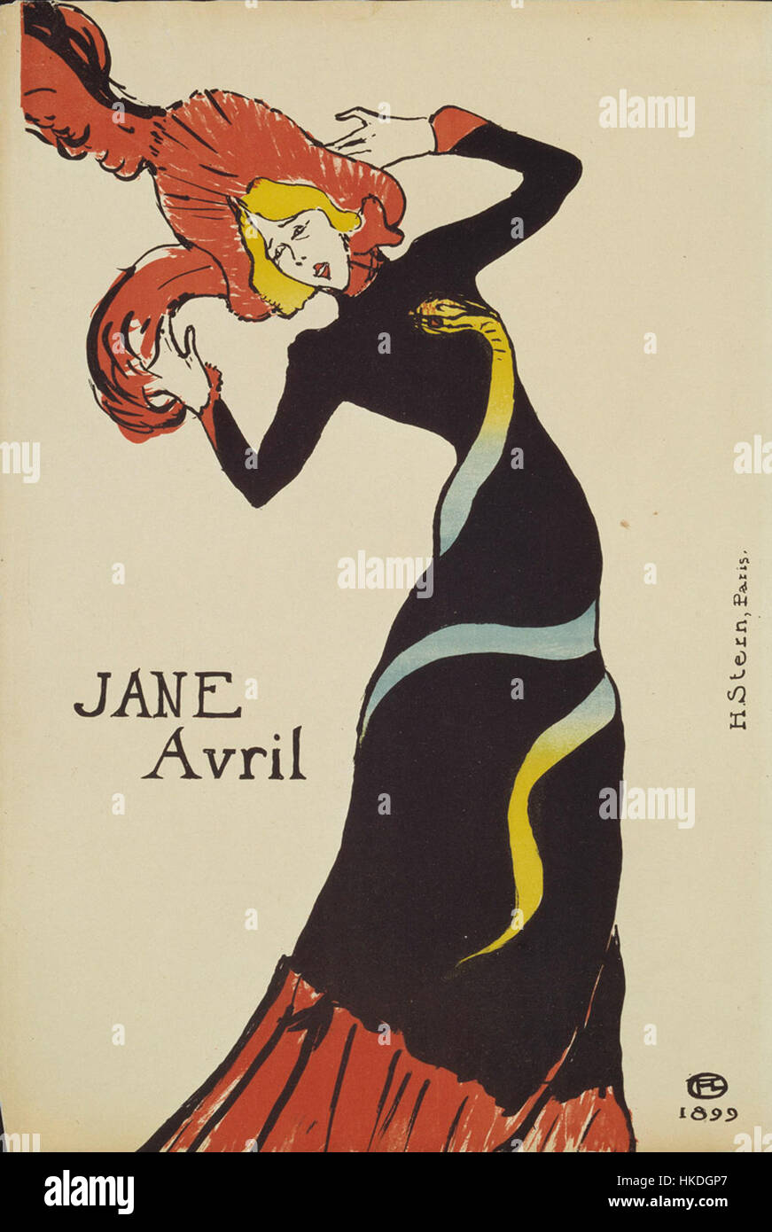 Das Poster von Henri de Toulouse-Lautrec aus dem Jahr 1899 zeigt Jane Avril, eine berühmte französische Tänzerin der Belle Epoque, in lebendigen Farben und dynamischer Komposition, die das lebhafte Pariser Nachtleben symbolisiert. Stockfoto