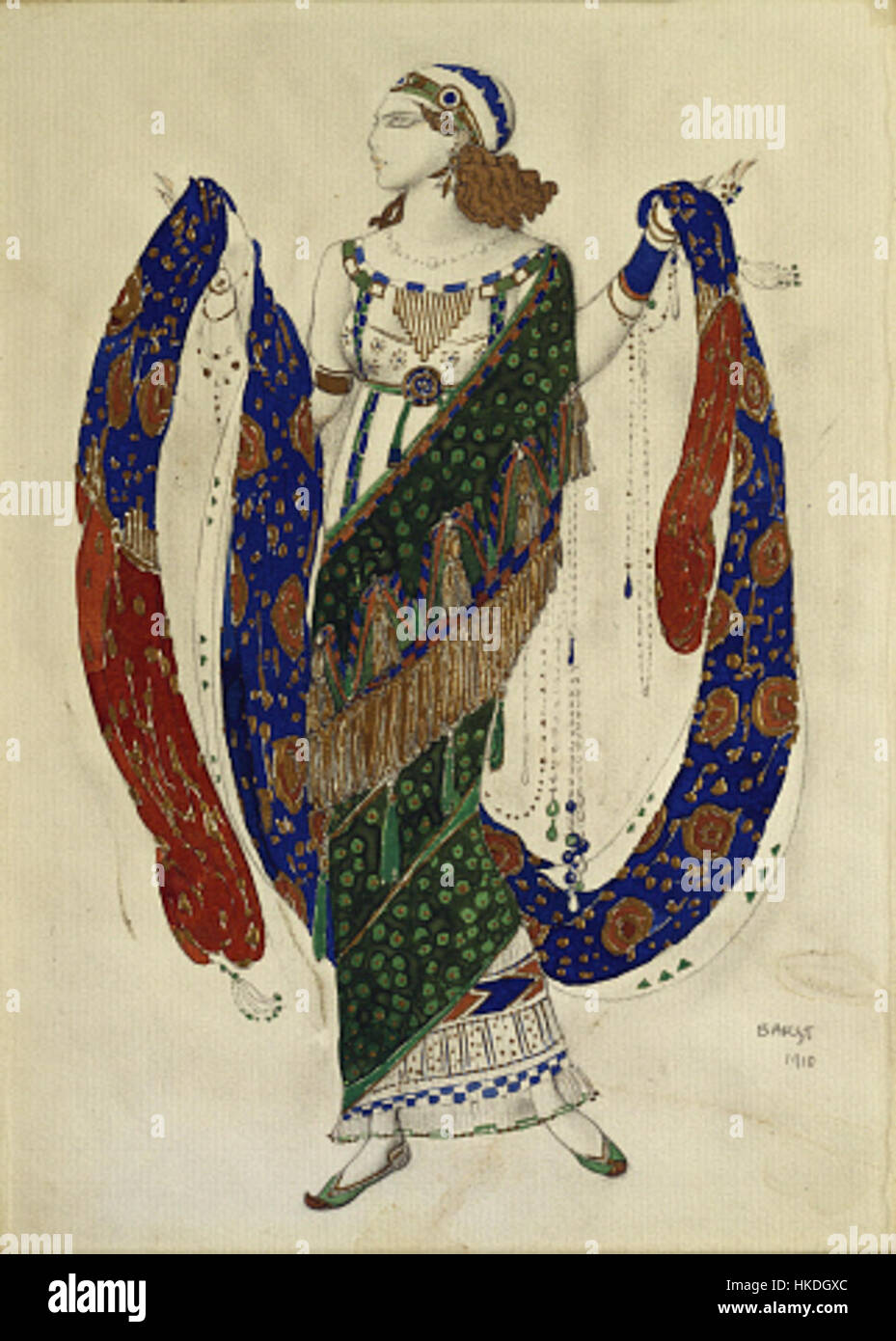 Eine Szene aus dem Ballett Cleopatra, das 1910 vom berühmten Künstler Bakst entworfen wurde und das opulente Set und Kostümdesign widerspiegelt. Das Ballett ist bekannt für seine luxuriösen visuellen Elemente und historischen Themen. Stockfoto