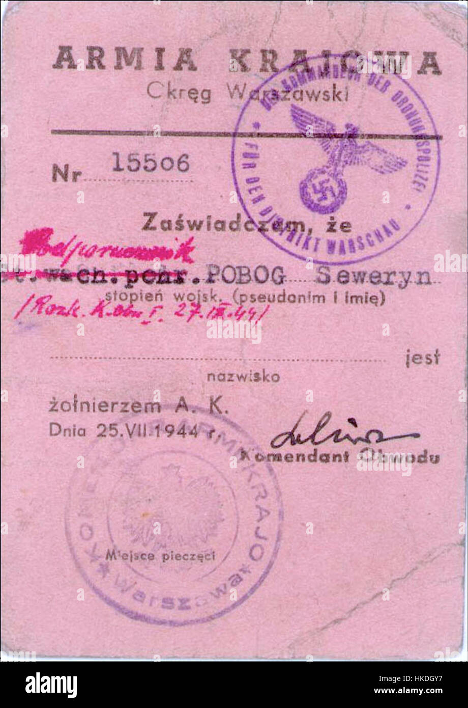 Dieses Gemälde von Seweryn Malinowski stellt eine Legitymacja (Mitgliedskarte) der Armia Krajowa (Heimatarmee) dar, eine polnische Widerstandsbewegung während des Zweiten Weltkriegs. Stockfoto