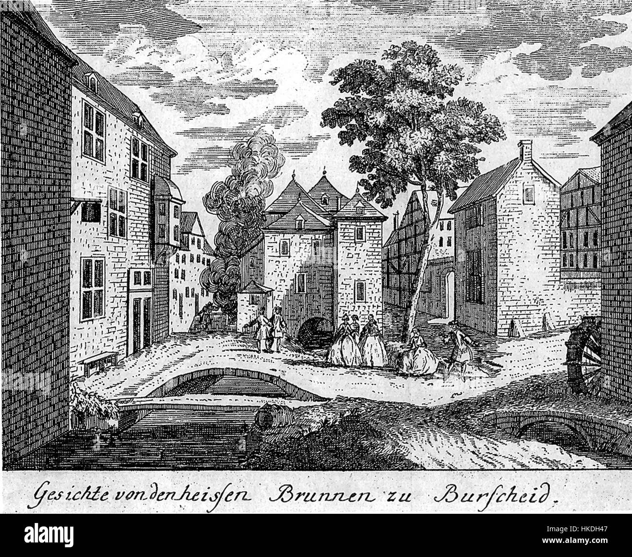 Dieses Kunstwerk aus dem Jahr 1737 zeigt den Kochbrunnen, eine berühmte Thermalquelle in Burtscheid. Das Stück zeigt die historische Bedeutung des Kurorts, bekannt für sein heilendes Wasser, und spiegelt den europäischen Kunststil des 18. Jahrhunderts wider, wobei der Schwerpunkt auf natürlicher Schönheit und kulturellen Sehenswürdigkeiten liegt. Stockfoto