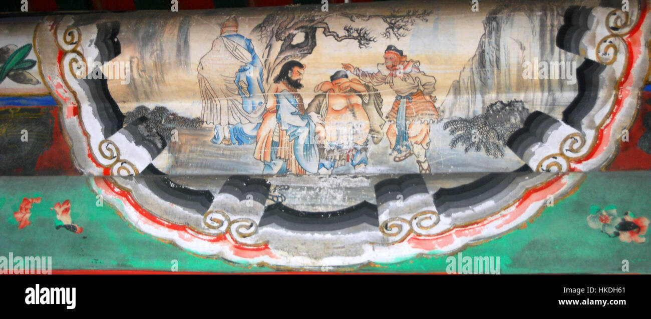 Dieses Kunstwerk zeigt Bai Gu Jing, eine Figur aus der chinesischen Folklore, im Long Corridor, einem berühmten architektonischen Merkmal im Sommerpalast in Peking. Das Stück hebt die traditionelle chinesische Kunst und das reiche kulturelle Erbe der Qing-Dynastie hervor. Stockfoto