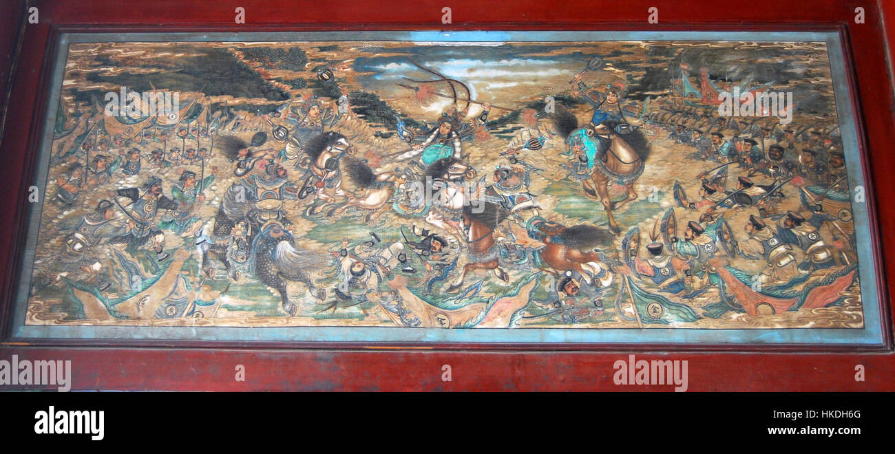 Dieses Gemälde zeigt den langen Korridor in Ba da Chui und zeigt ein bedeutendes architektonisches Merkmal in der chinesischen Geschichte. Der Korridor, bekannt für sein kompliziertes Design, ist ein Paradebeispiel traditioneller chinesischer Architektur, mit detaillierten Dekorationen und langen Strecken, die den kulturellen Reichtum der Region hervorheben. Stockfoto