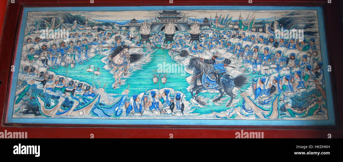 Der „Zhang Fei & Ma Chao (langer Korridor)“ ist ein traditionelles chinesisches Gemälde, das zwei berühmte historische Militärfiguren aus der Zeit der drei Königreiche zeigt. Das Kunstwerk stellt die legendären Krieger Zhang Fei und Ma Chao in einer dynamischen, heldenhaften Haltung dar, die ihre Tapferkeit und Bedeutung in der chinesischen Geschichte unterstreicht. Der lange Korridor im Kunstwerk ist ein gefeiertes architektonisches Merkmal klassischer chinesischer Kunst. Stockfoto