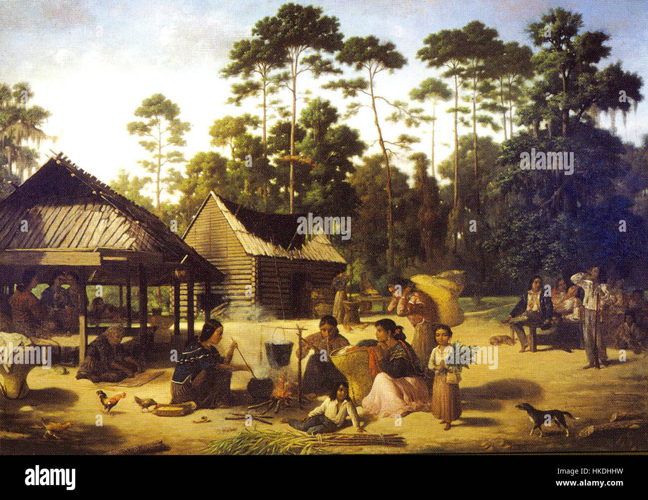 Francois Bernards „Choctaw Village“ zeigt eine historische Szene einer indianischen Siedlung mit Schwerpunkt auf dem Gemeindeleben und der traditionellen Architektur. Stockfoto