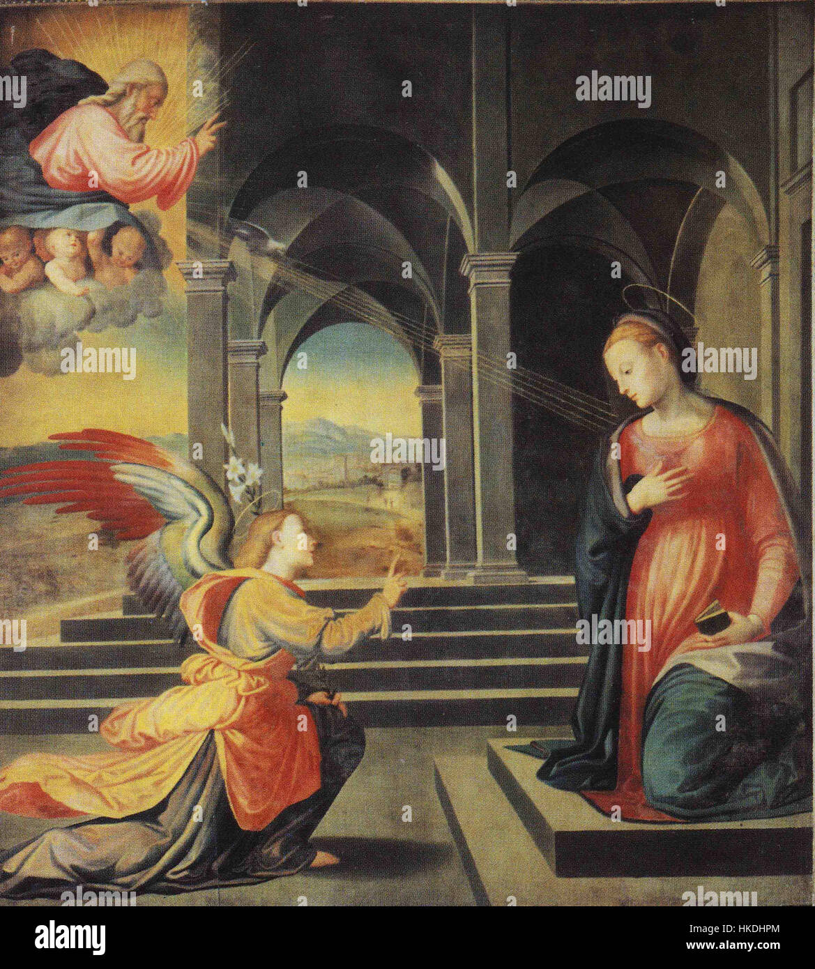 FRA Paolino da Pistoias „Annunciazione“ (Verkündigung) fängt den biblischen Moment des Engels Gabriel ein, der Maria ankündigt, dass sie Jesus zur Welt bringen wird. Dieses religiöse Kunstwerk spiegelt Kunsttechniken der Renaissance und spirituelle Themen wider. Stockfoto