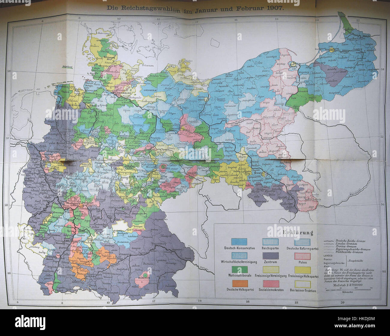 Diese Karte mit dem Titel „Karte der Reichstagswahlen 1907“ zeigt die Wahlergebnisse der Reichstagswahlen 1907 in Deutschland. Es ist eine historische Darstellung der politischen Landschaft des frühen 20. Jahrhunderts. Stockfoto