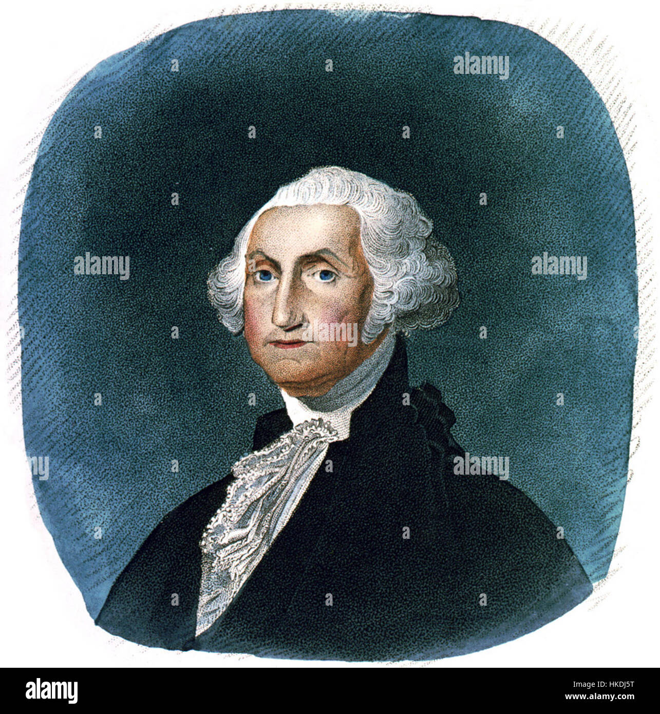 James Barton Longacres Porträt von George Washington aus dem Jahr 1820 fängt den ersten Präsidenten der Vereinigten Staaten mit einem würdevollen und prächtigen Ausdruck ein. Das Gemälde spiegelt den Stil des frühen 19. Jahrhunderts wider und würdigt Washingtons zentrale Rolle in der amerikanischen Geschichte. Stockfoto