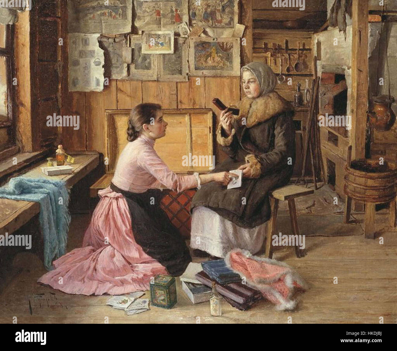 Das Stück mit dem Titel „Conversation at the Chest“ von Batjukov stellt eine Genre-Szene dar, in der zwei Figuren ein intimes Gespräch führen. Das Gemälde reflektiert einen Schlüsselmoment der sozialen Interaktion und betont die Details der Figuren und ihrer Umgebung. Stockfoto