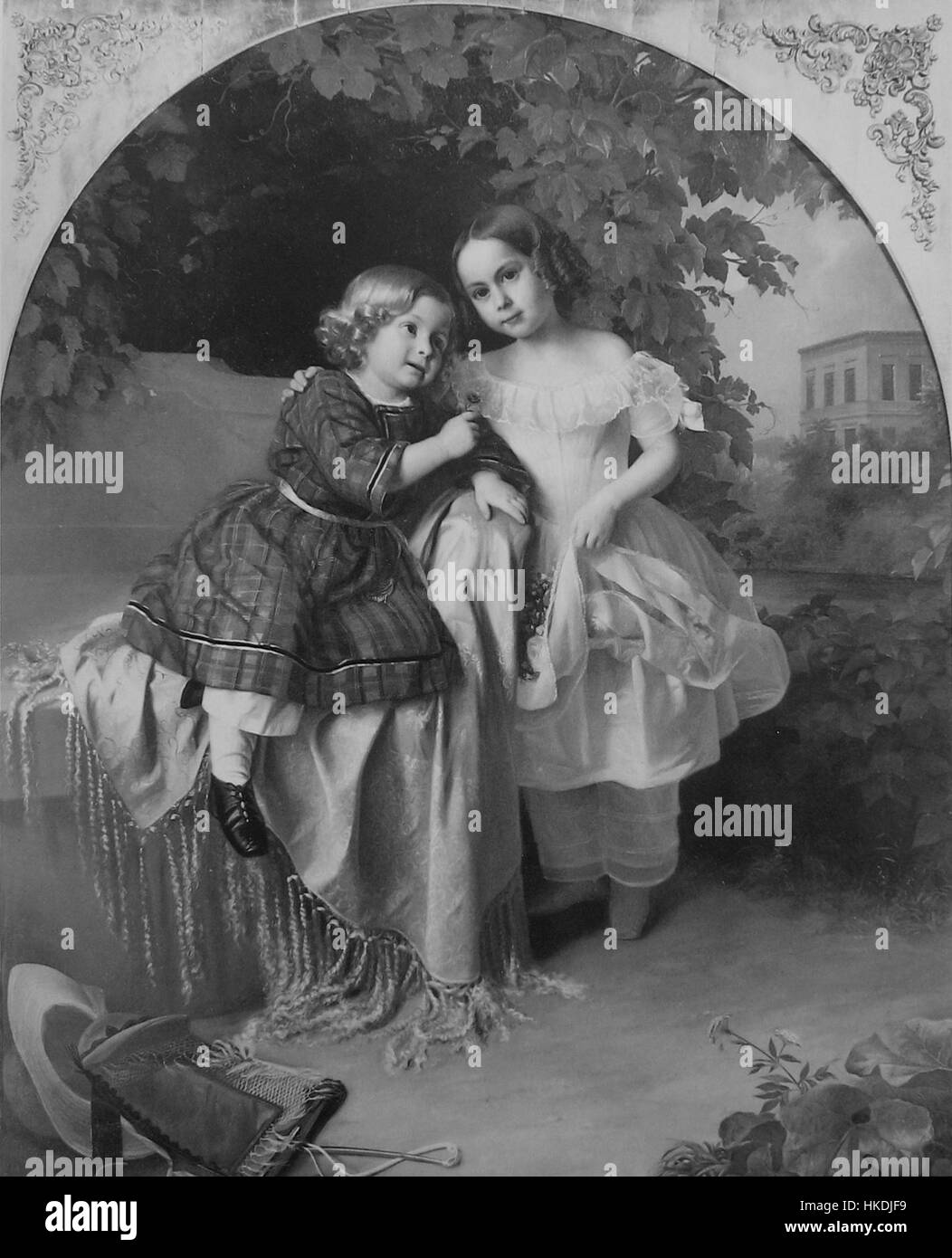 Ein Gemälde von Julius Schoppe, das den unverkennbaren Stil des Künstlers in detailgetreuen, klassischen Porträts zeigt. Die Arbeit betont sowohl die Unschuld als auch die zarten Nuancen der Kindheit im 19. Jahrhundert. Stockfoto