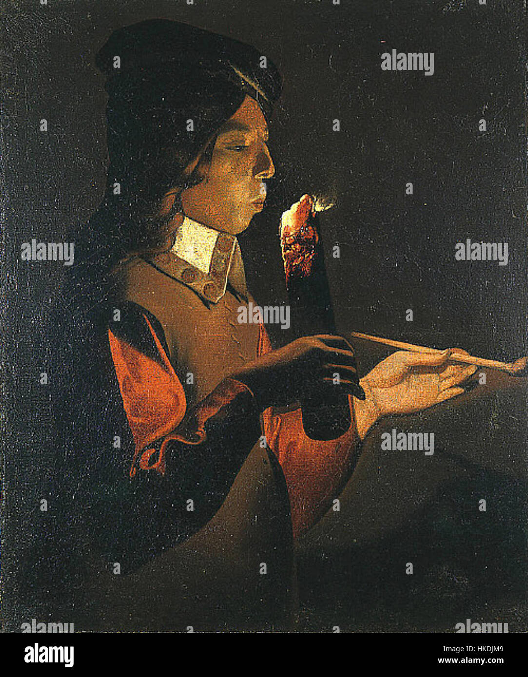 Dieses Kunstwerk mit dem Titel „junger Mann mit einer Pfeife“ zeigt einen jungen Mann, der mit einer Pfeife dargestellt wird und die Feinheiten von Licht und Schatten in klassischem Stil einfängt. Das Gemälde veranschaulicht die Porträtmalerei aus dem 19. Jahrhundert mit einem Fokus auf intime, ausdrucksstarke Details. Stockfoto