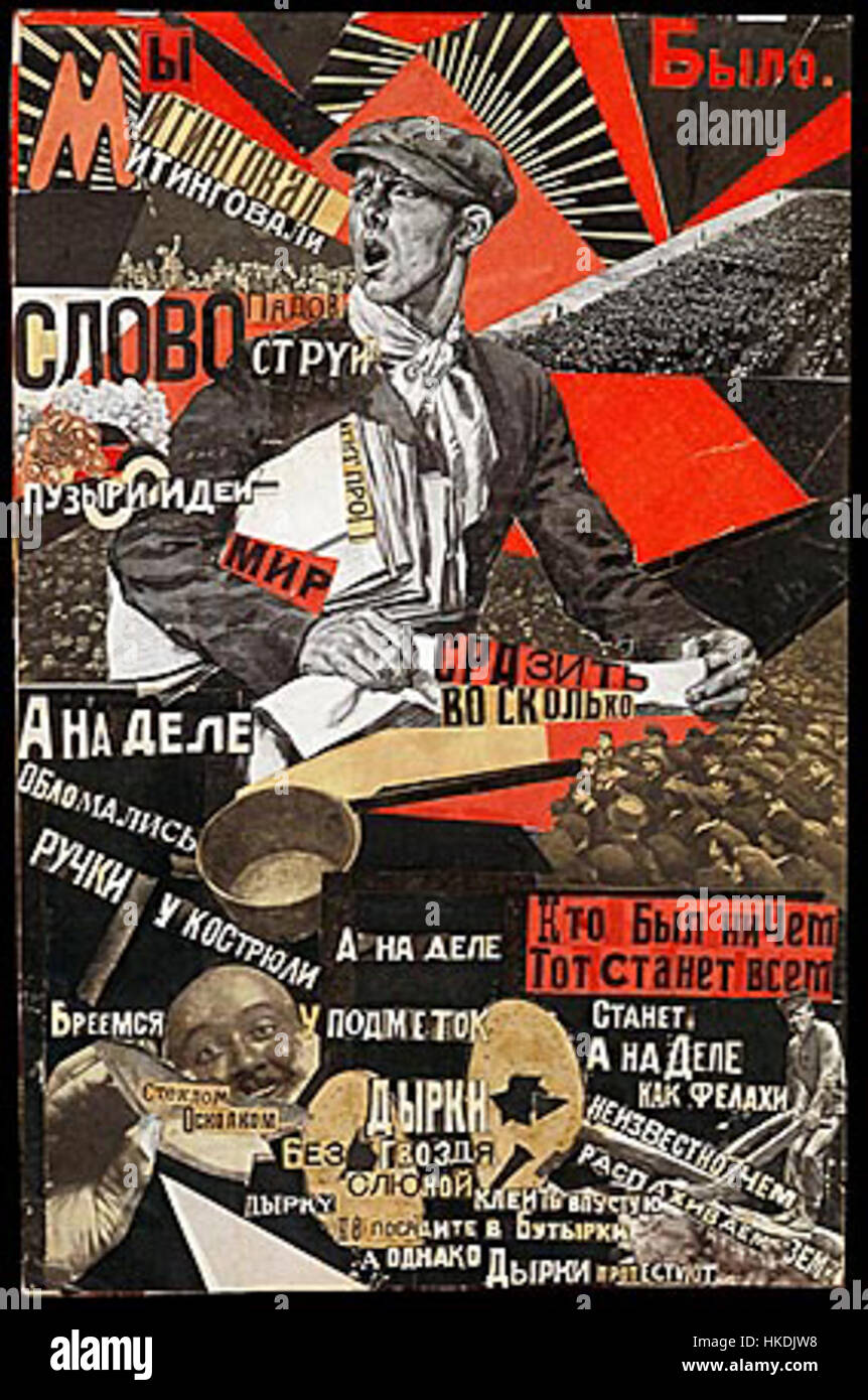 Dieses Kunstwerk, *Fotomontazh Roschkov 3*, ist eine Fotomontage des russischen Künstlers Roschkow. Das Werk verbindet fotografische Elemente mit künstlerischer Interpretation, typisch für die experimentelle Kunst der sowjetischen Zeit. Sie beschäftigt sich mit der visuellen Abstraktion und der Manipulation der Realität, die oft verwendet wird, um politische oder ideologische Botschaften während des frühen 20. Jahrhunderts zu vermitteln. Stockfoto