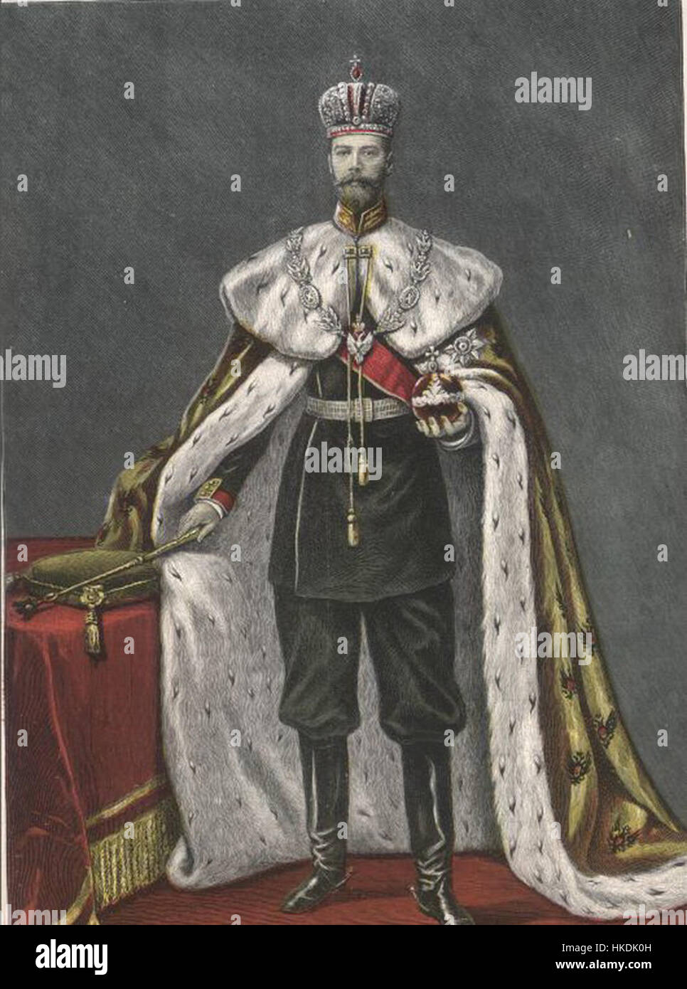 Dieses historische Kunstwerk erinnert an die Krönung von Zar Nikolaus II. Von Russland. Es fängt die Pracht und zeremonielle Aspekte des Ereignisses ein und symbolisiert den Beginn seiner Herrschaft und die imperialen Traditionen des Russischen Reiches. Stockfoto