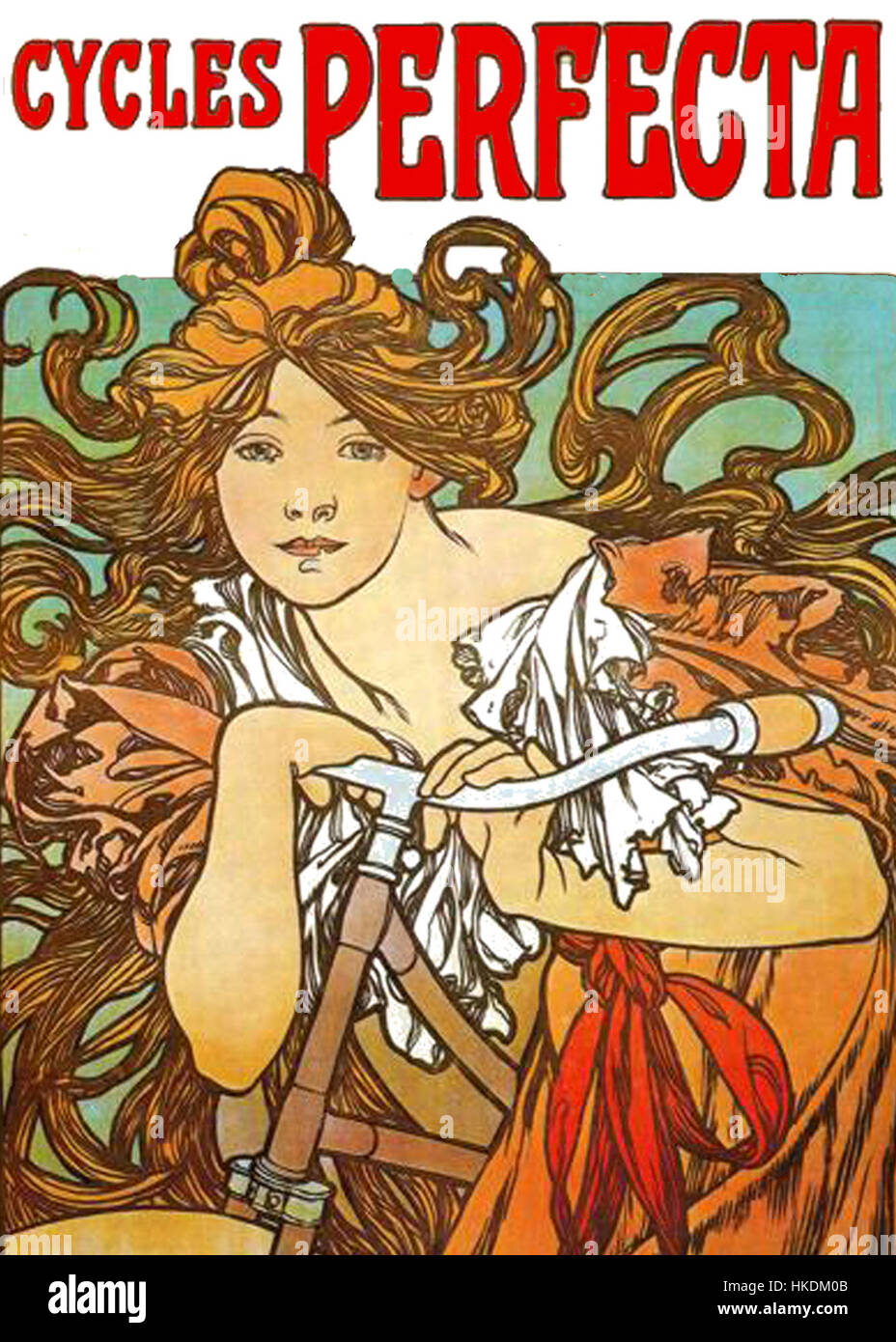 Ein Werbeplakat von Alphonse Mucha mit dem Titel „Cycles Perfecta“, das seinen ikonischen Jugendstil zeigt. Das Poster zeigt fließende Linien, dekorative Elemente und eine lebhafte Farbpalette, die typisch für Muchas Arbeiten im frühen 20. Jahrhundert ist. Stockfoto