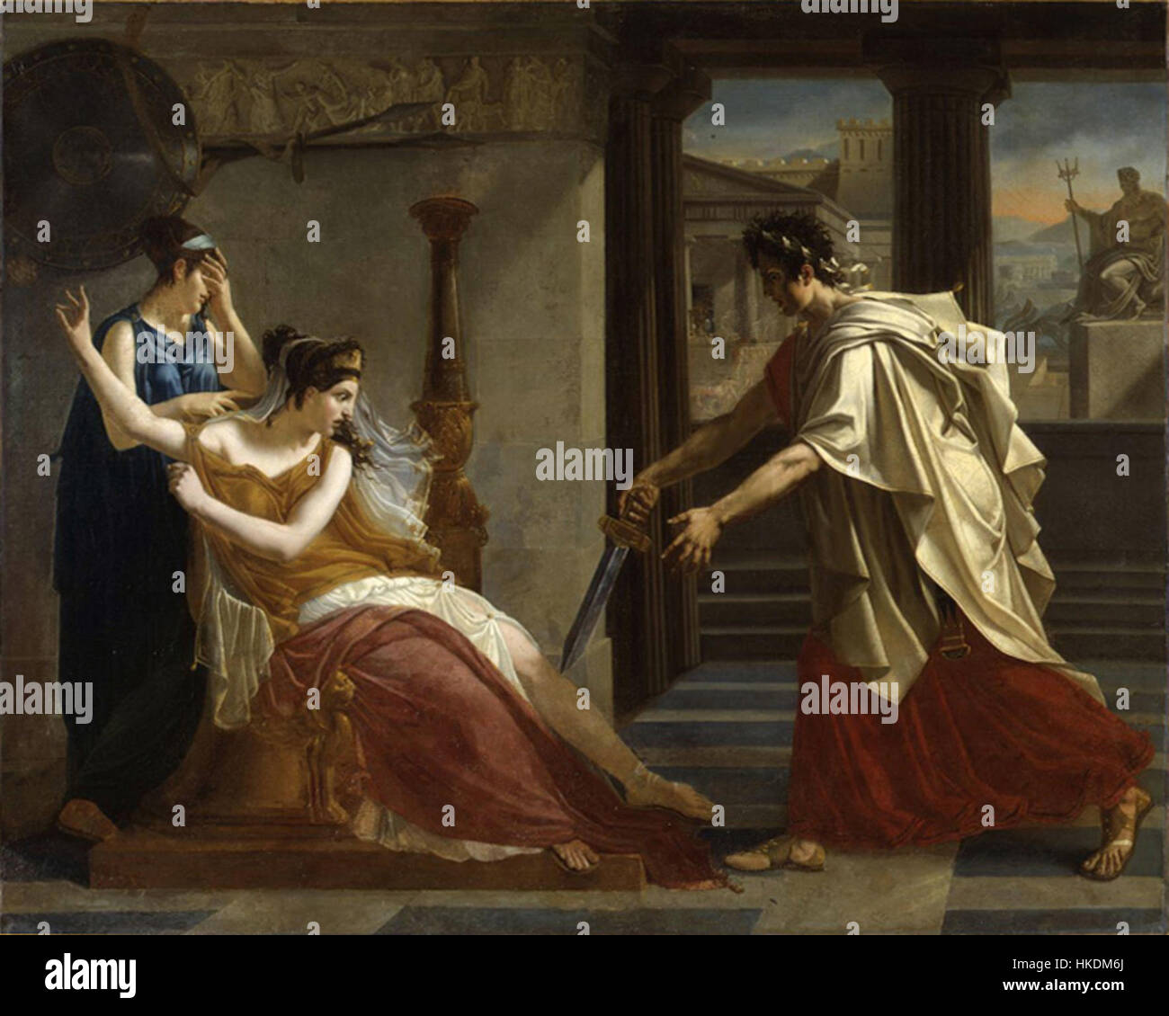 Ein Gemälde von Pierre-Narcisse Guérin, das Hermine und Orestes darstellt, Charaktere aus der griechischen Mythologie. Das Kunstwerk veranschaulicht einen dramatischen Moment aus der klassischen Literatur und betont starke Emotionen und neoklassischen künstlerischen Stil. Stockfoto