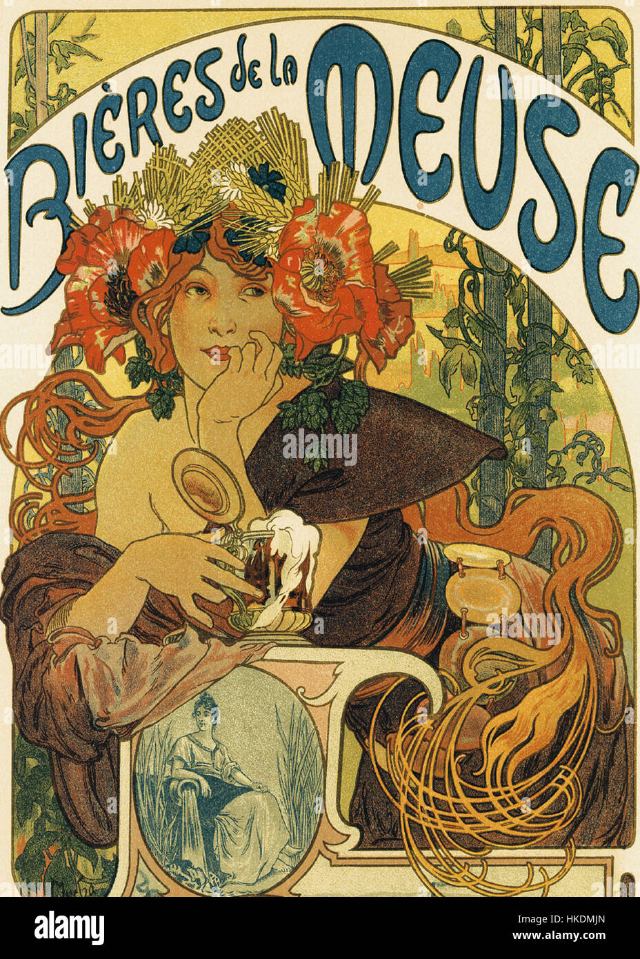 Dieses Jugendstilplakat von Alphonse Mucha mit dem Titel „Bieres de la Muse“ wirbt für eine Biermarke und zeigt Mucha unverkennbaren Stil mit eleganten, fließenden Linien und kunstvollen Details. Stockfoto