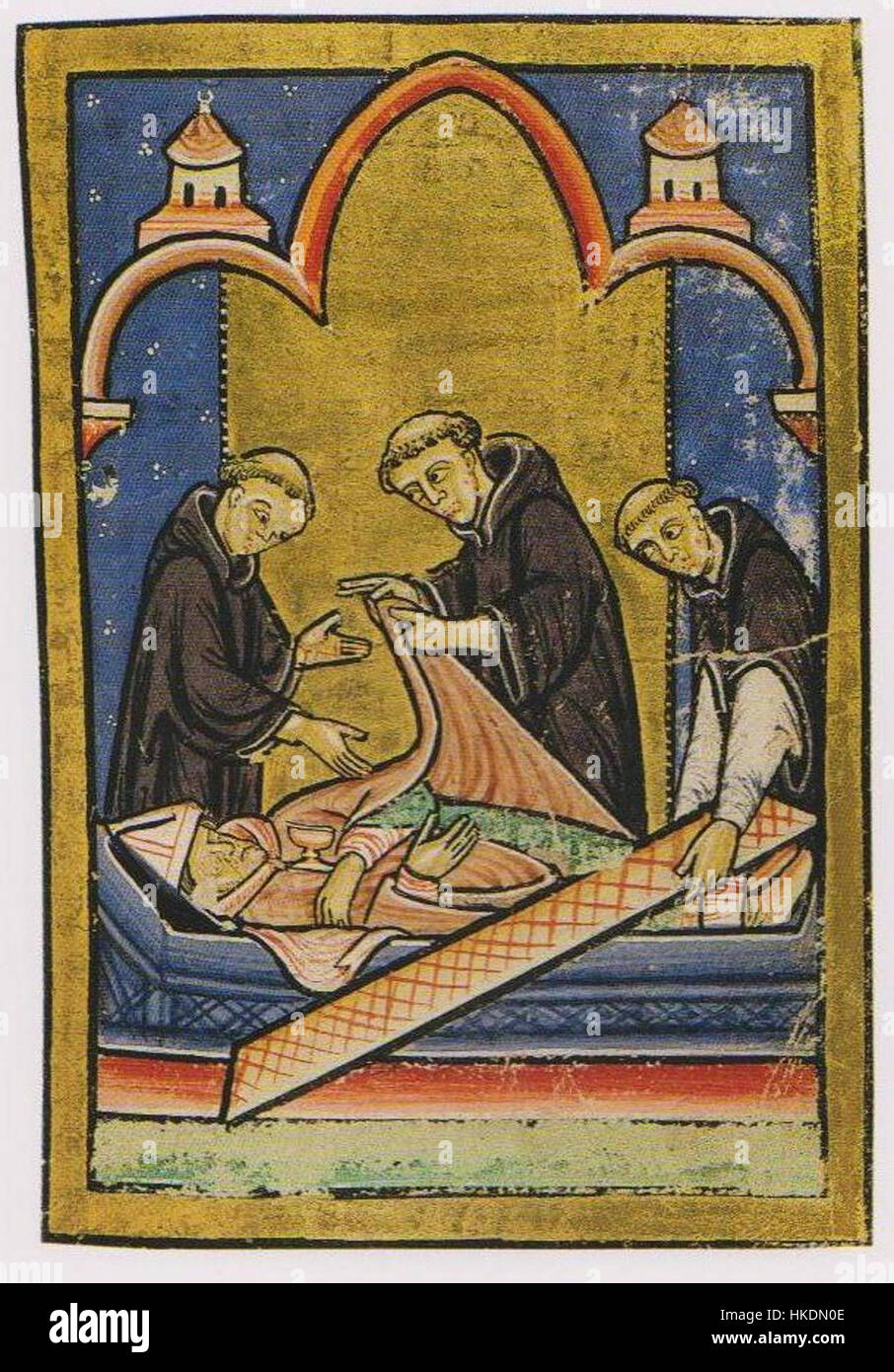 Dieses religiöse Kunstwerk zeigt St. Cuthbert, bekannt für seine Unverderblichkeit. Das Gemälde betont seine Heiligkeit und die wundersame Erhaltung seines Körpers, die mittelalterliche christliche Kunst widerspiegelt. Stockfoto