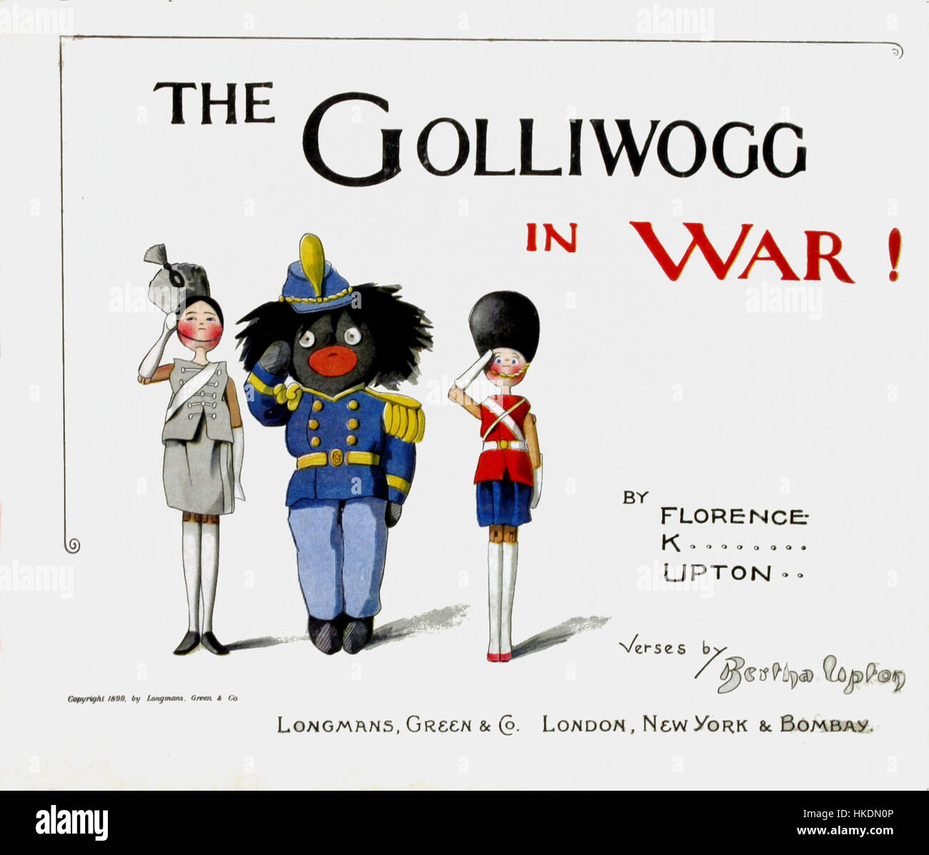Das Cover von „The Golliwog in war!“ Stellt eine fiktive Figur dar, den Golliwog, in Kriegszeiten. Dieses Kunstwerk spiegelt den Ansatz des frühen 20. Jahrhunderts in Bezug auf Propaganda und fiktive Charaktere wider. Stockfoto