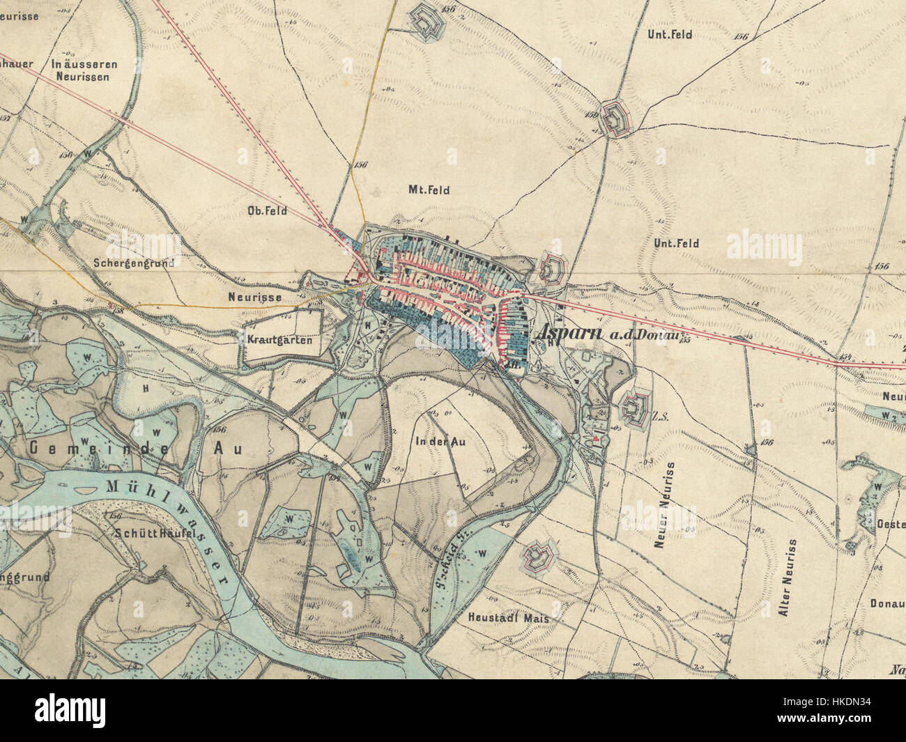Die *LA3 1873 Aspern* ist ein historisches Kunstwerk, das die Schlacht von Aspern-Essling darstellt, einen Schlüsselkonflikt während der Napoleonischen Kriege. Dieses Gemälde fängt die Intensität der Schlacht und ihre Bedeutung für die europäische Militärgeschichte im Jahr 1809 anschaulich ein. Stockfoto