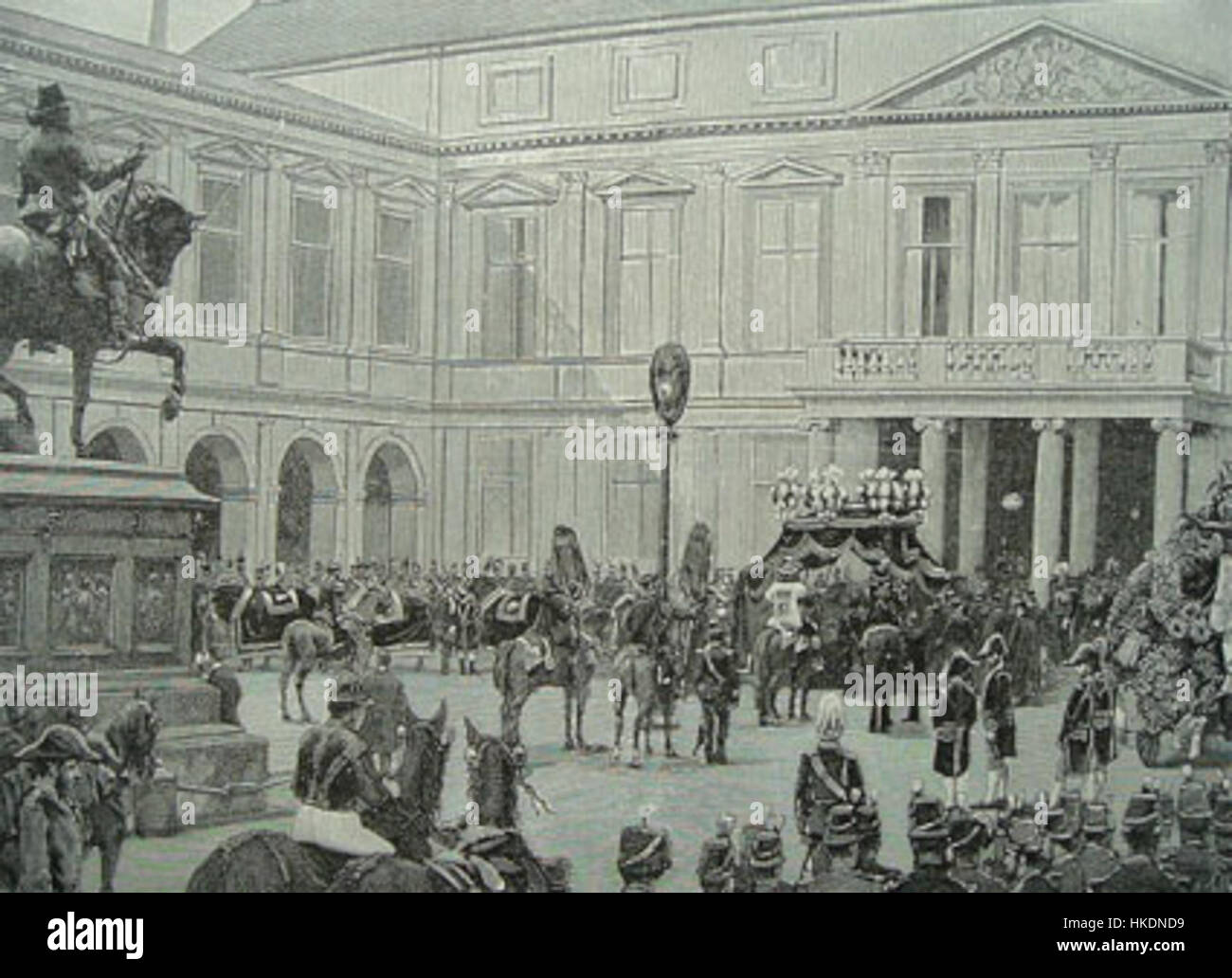 Ein historisches Kunstwerk, das die Beerdigung von Willem III. Darstellt und die zeremonielle Rituale und die Pracht der Veranstaltung zeigt, die einen bedeutenden Moment in der niederländischen Geschichte markiert. Stockfoto