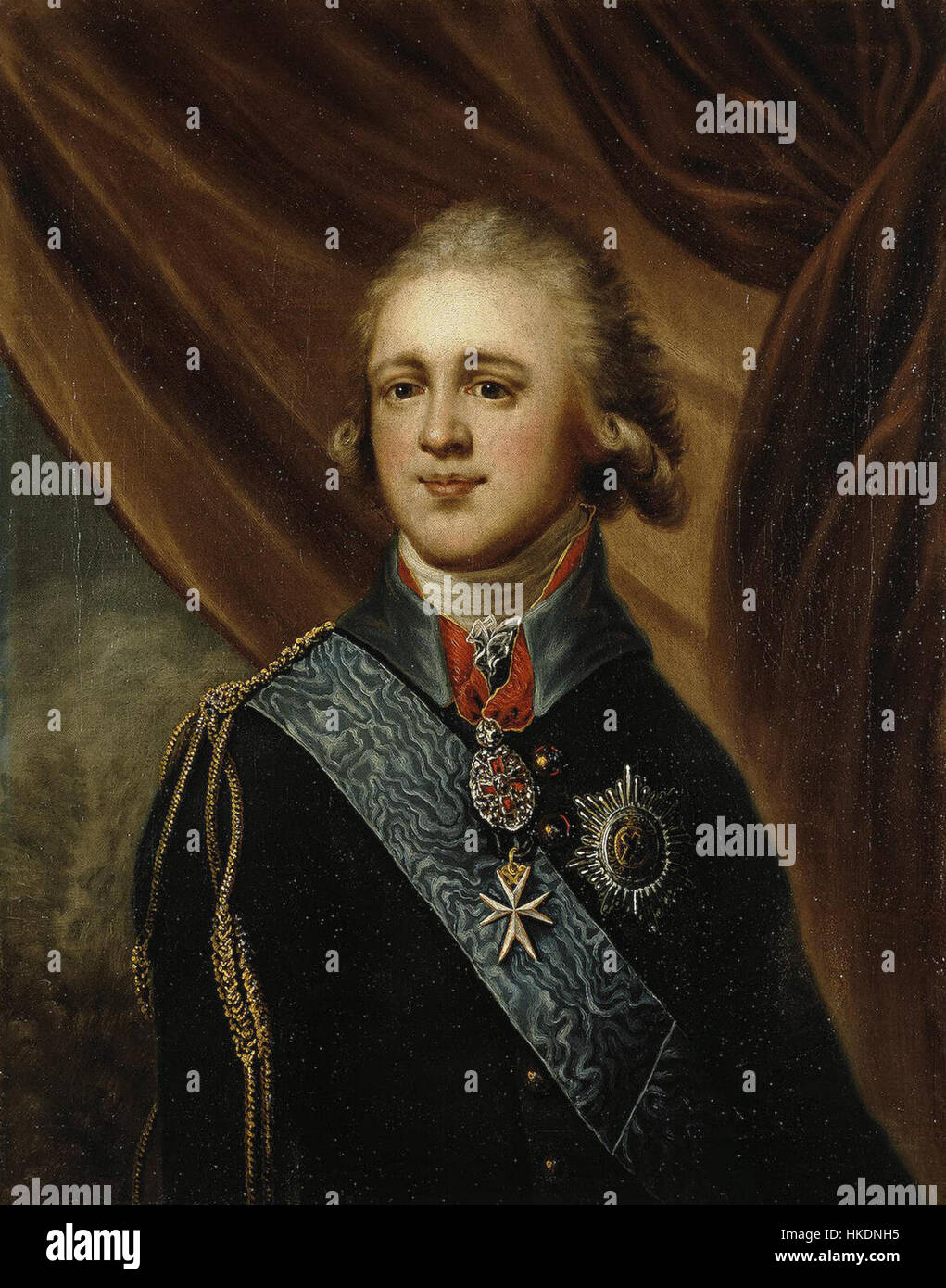 Dieses Porträt von Alexander I. von Russland fängt die königliche Präsenz und Autorität des Zaren ein. Alexander I. war bekannt für seine Führung während der Napoleonischen Kriege und seine Rolle bei der Gestaltung der europäischen Politik im frühen 19. Jahrhundert. Stockfoto