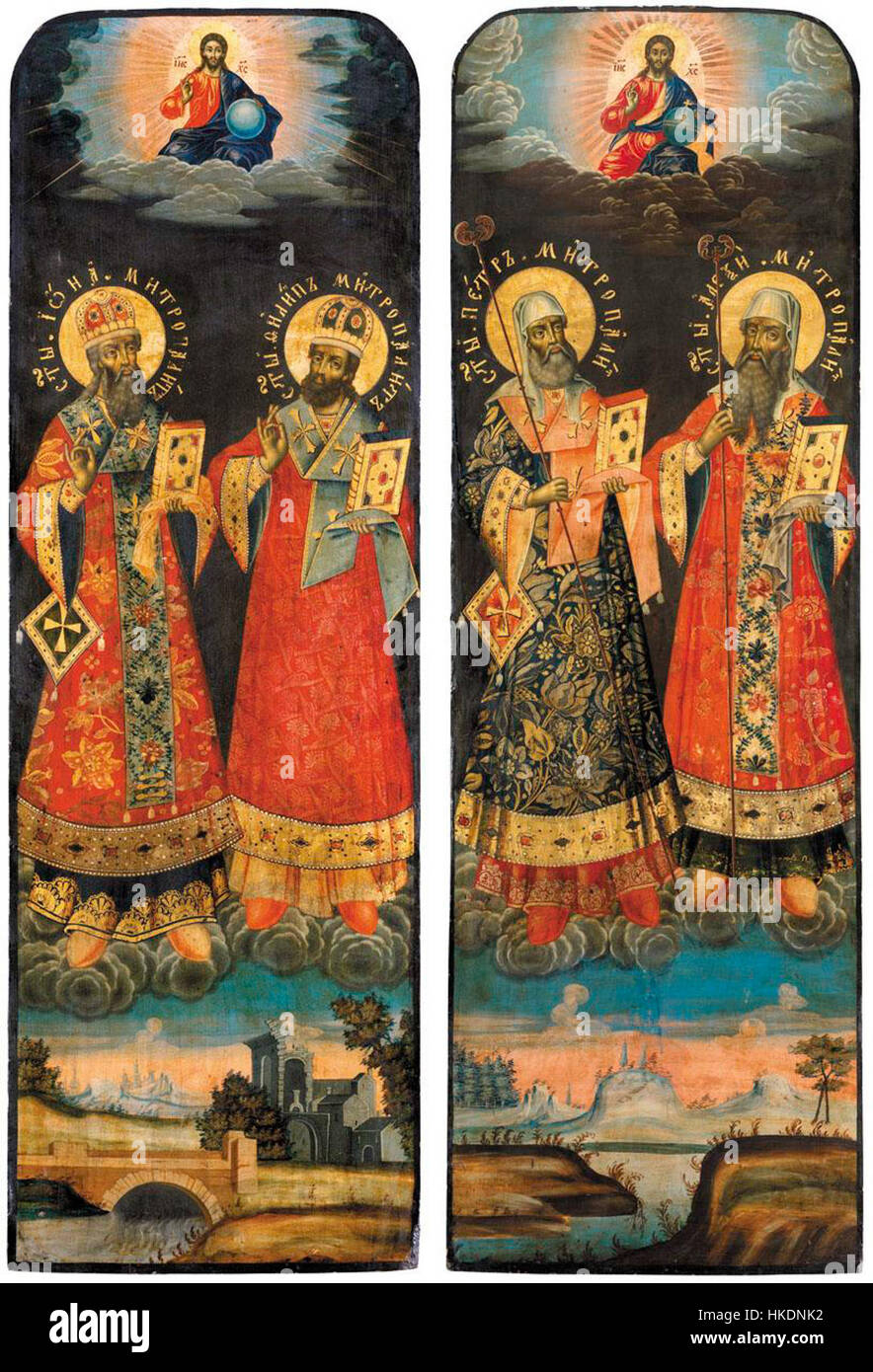 Dieses russische Gemälde aus den 1730er bis 40er Jahren zeigt die Heiligen Metropoliten von Moskau: Peter, Alexis, Jonah und Phili. Es ist ein seltenes Beispiel russischer religiöser Porträts, die die spirituelle Führung und die heilige Tradition der Russisch-Orthodoxen Kirche widerspiegeln. Stockfoto