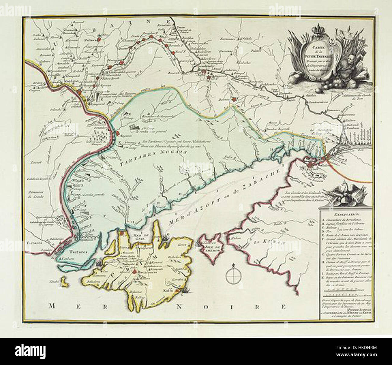 Diese Karte aus dem 18. Jahrhundert mit dem Titel *Carte de la Petite Tartarie* zeigt die Region Little Tartary, die Teile der heutigen Ukraine und Russland umfasst. Die Karte bietet einen historischen Überblick über die Geographie und die Grenzen der Region während der 1700er Jahre Stockfoto